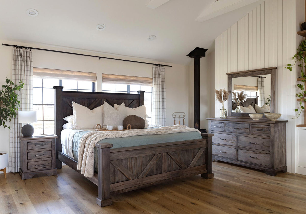 kimberley bedroom collection shown in wormy maple with carbon stain