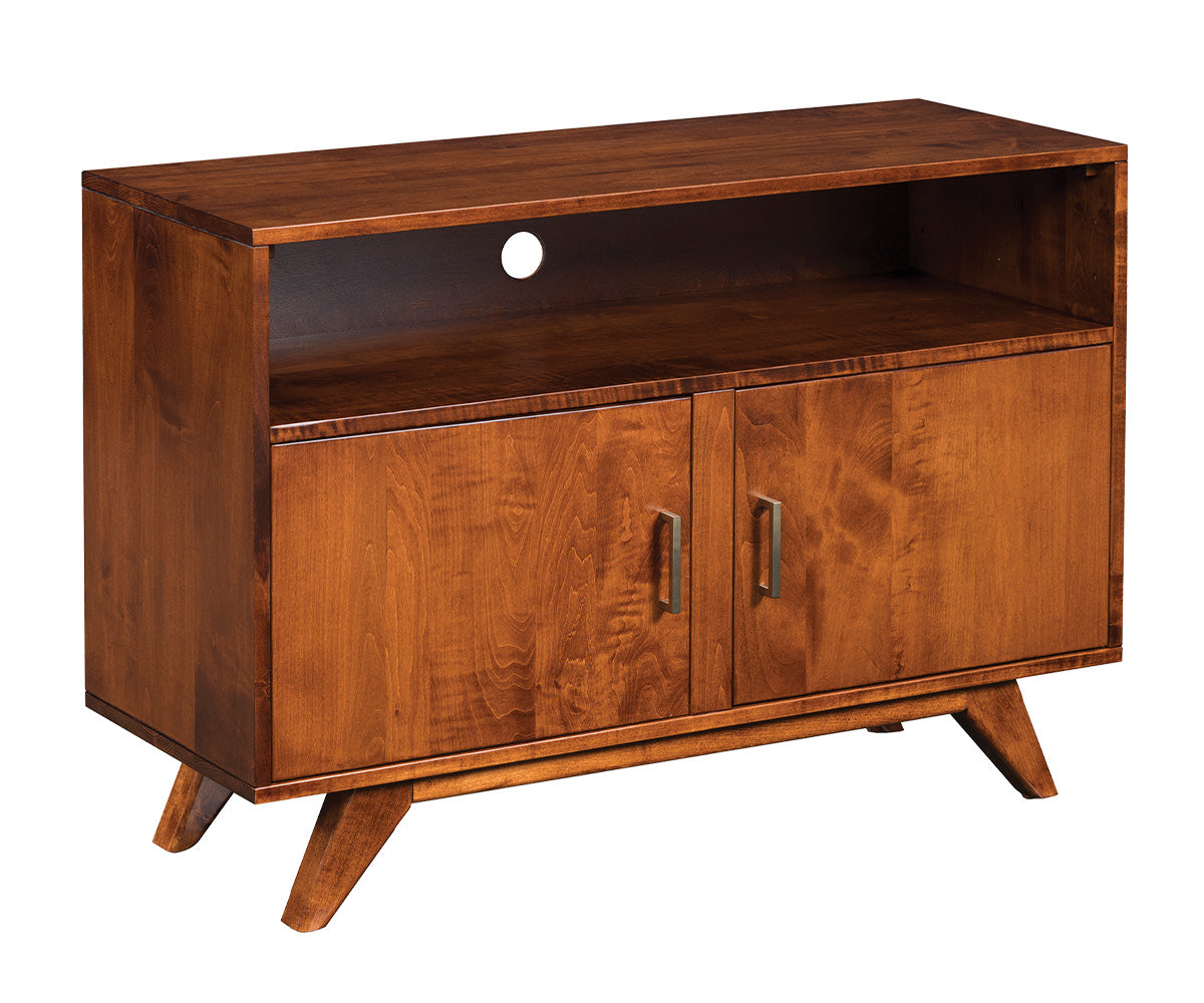 amish tv stand shown in brown maple