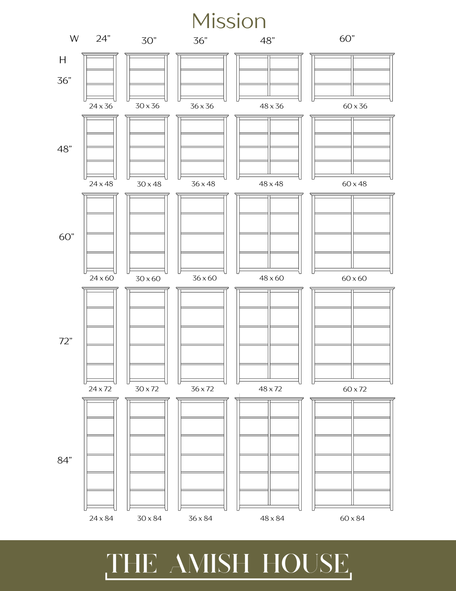amish house mission bookcase sizing chart