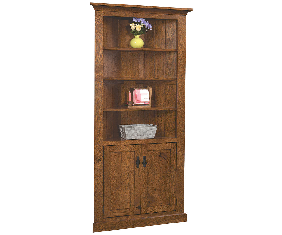 amish corner bookcase shown in brown maple