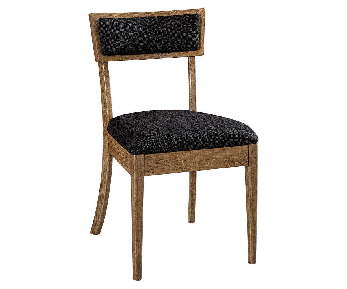 monaco side chair in sawn white oak with almond stain and black fabric