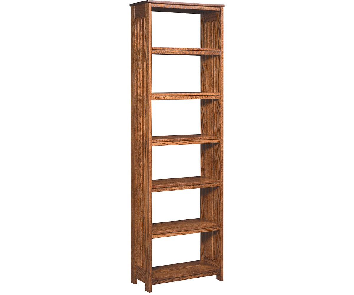 amish open spindle bookcase shown in oak