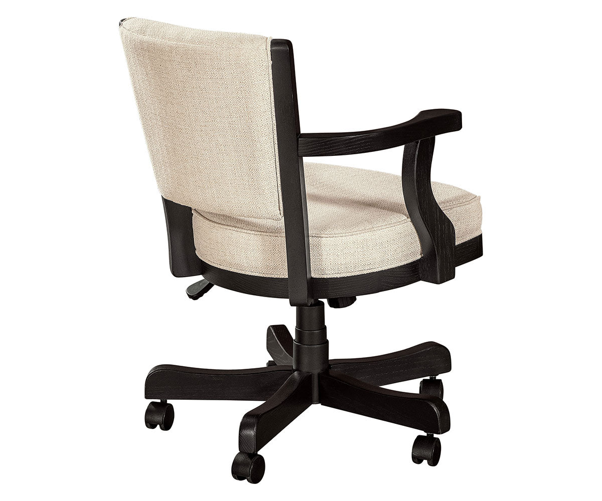 ravenna arm desk chair in red oak black paint and big mac fabric and raven base back view