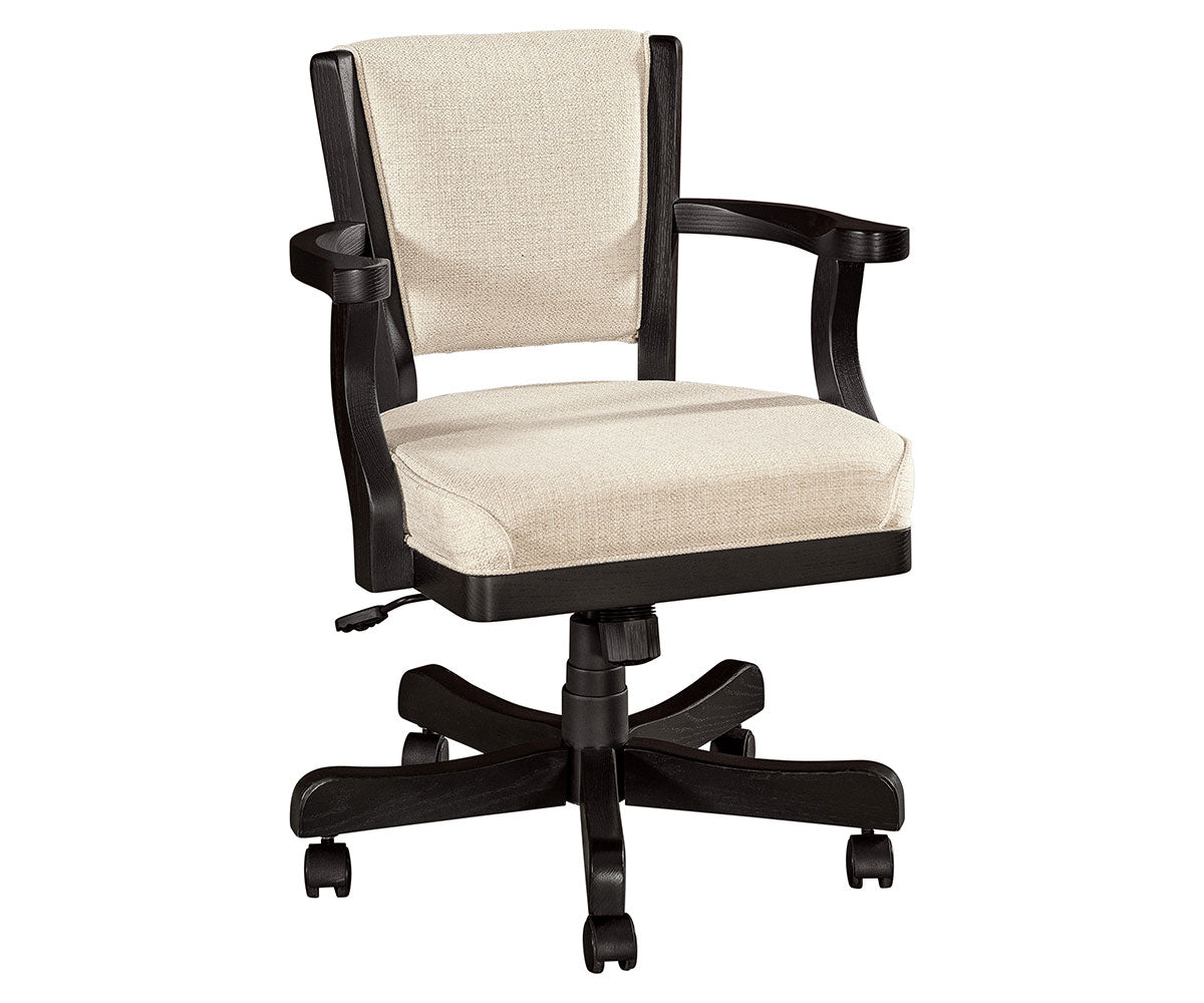 ravenna arm desk chair in red oak black paint and big mac fabric and raven base