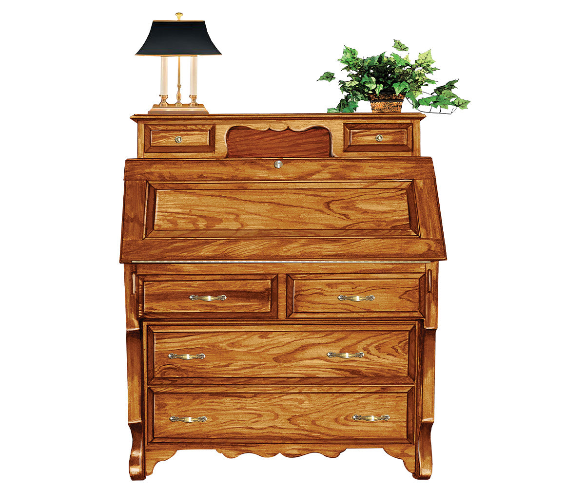 amish desk with a small hutch shown  in oak