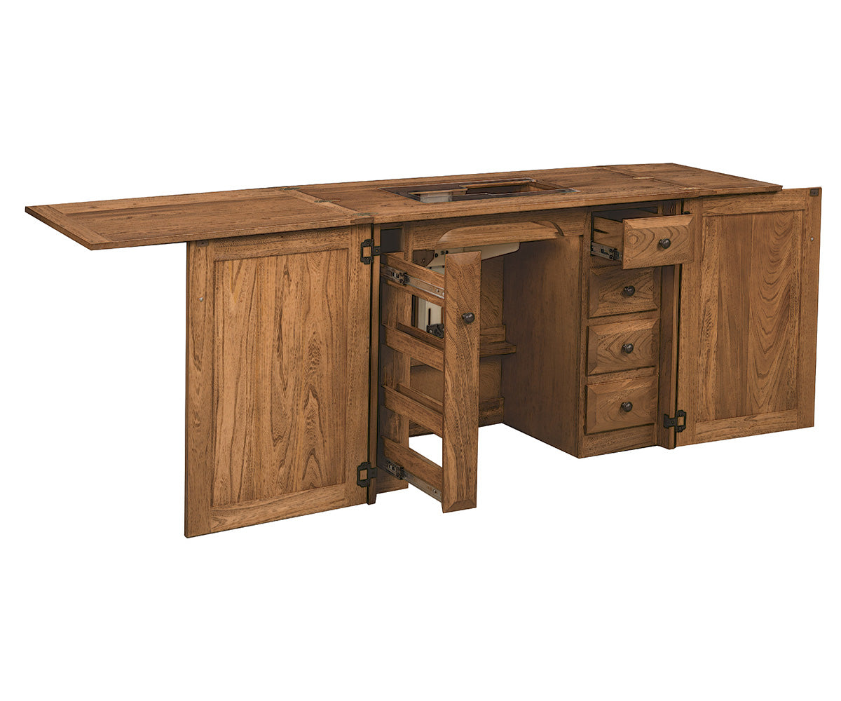 amish sewing cabinet shown in brown maple
