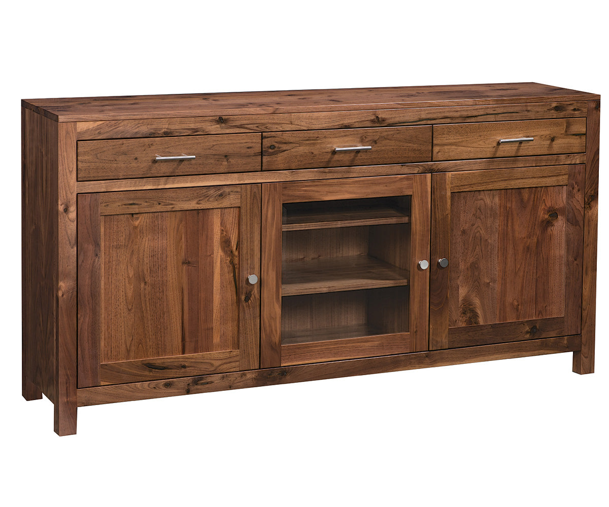 amish entertainment center shown in brown maple