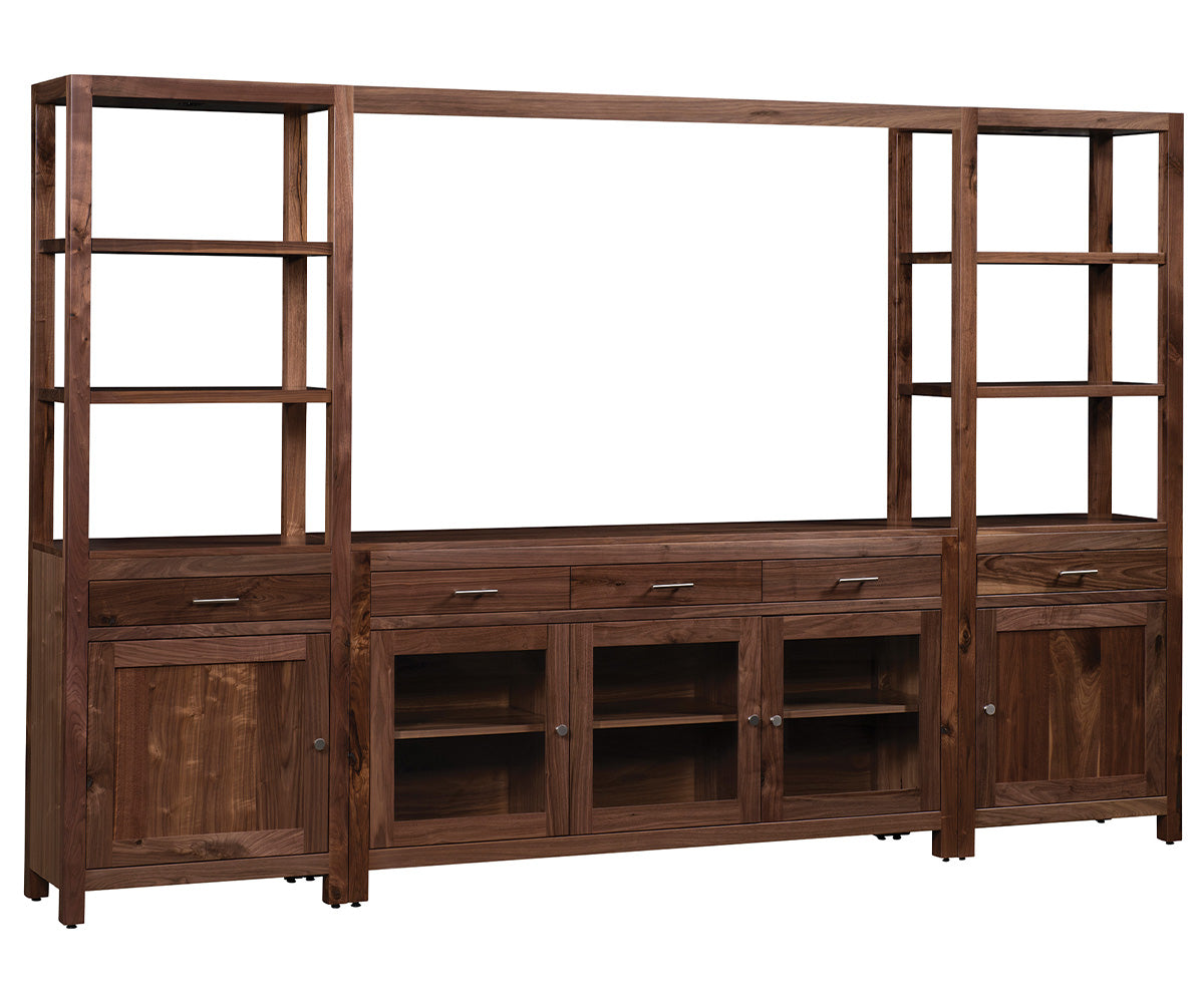 amish entertainment center shown in brown maple