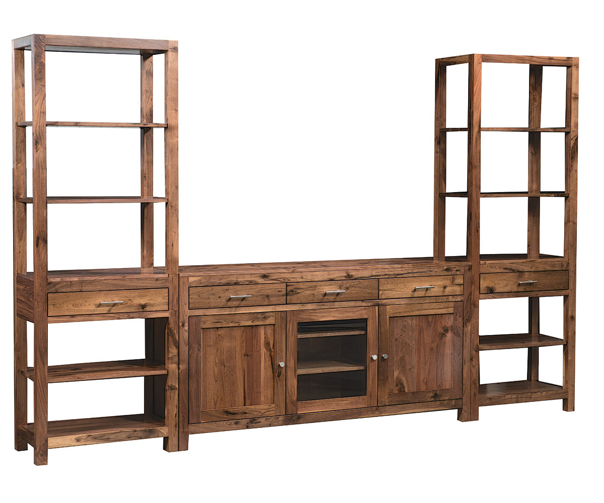 amish entertainment center shown in brown maple