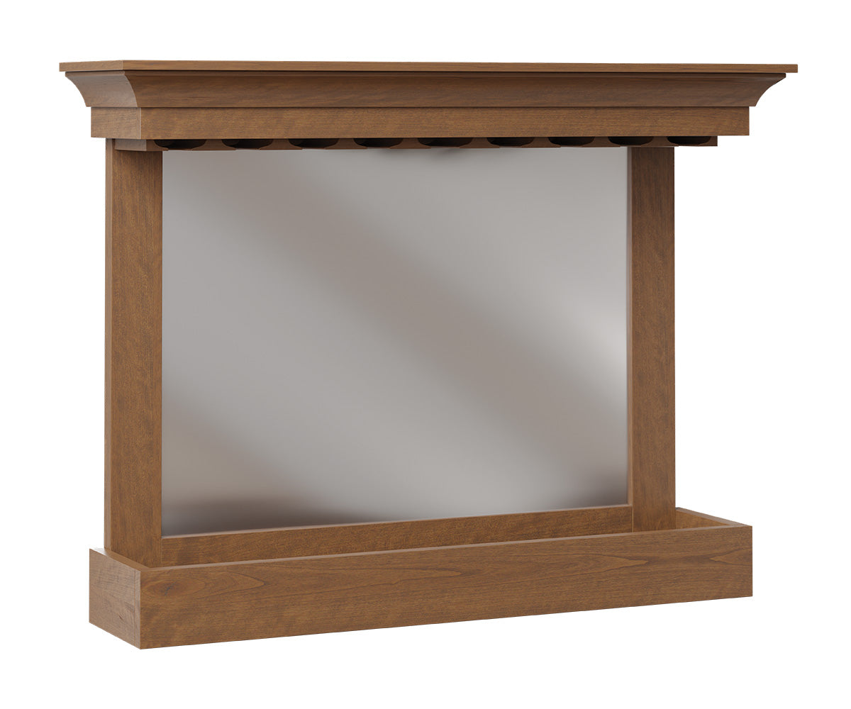 amish home bar mirror shown in oak