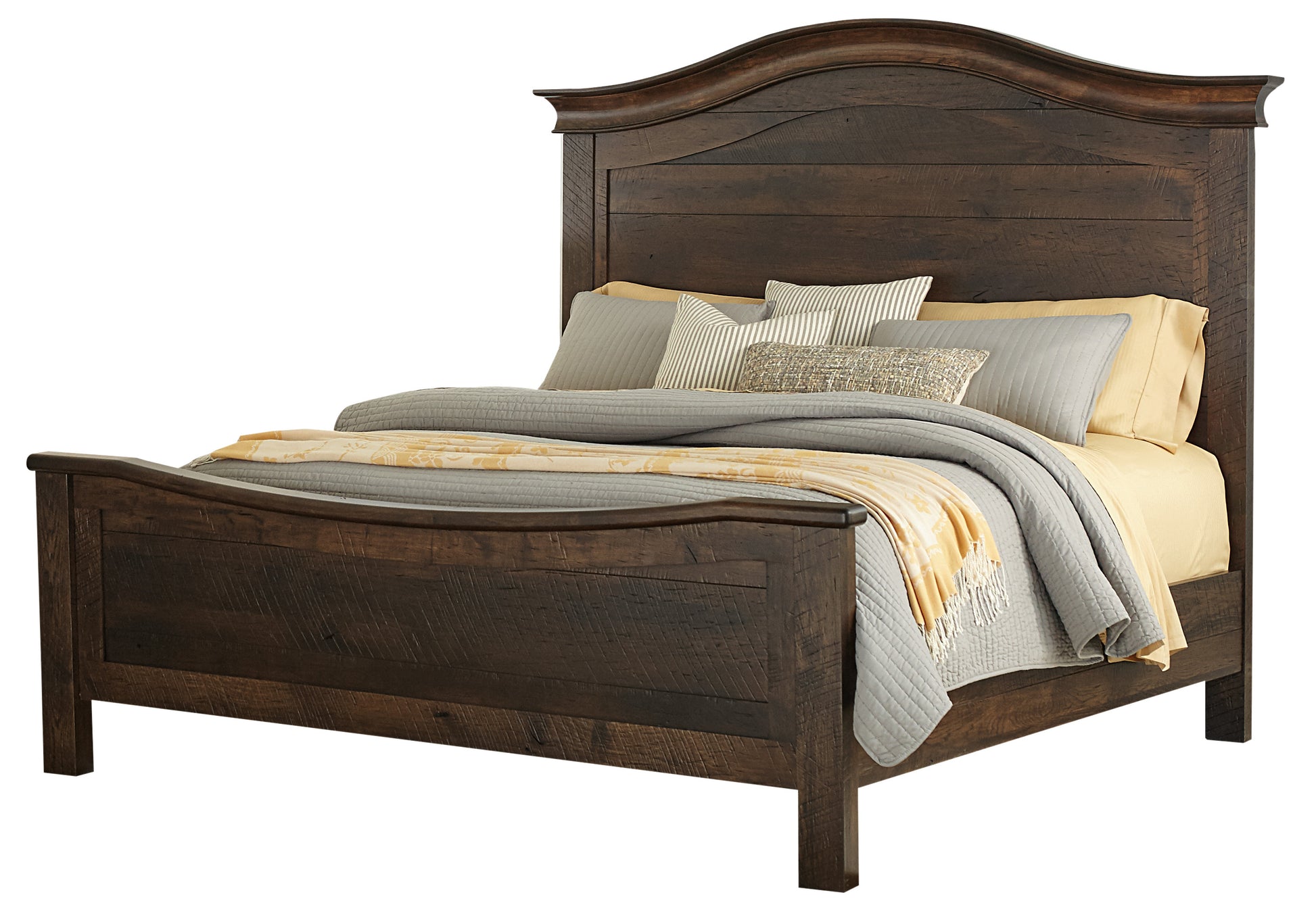 american made amish Farmhouse signature bed shown in rustic hickory wood with the earthtone stain