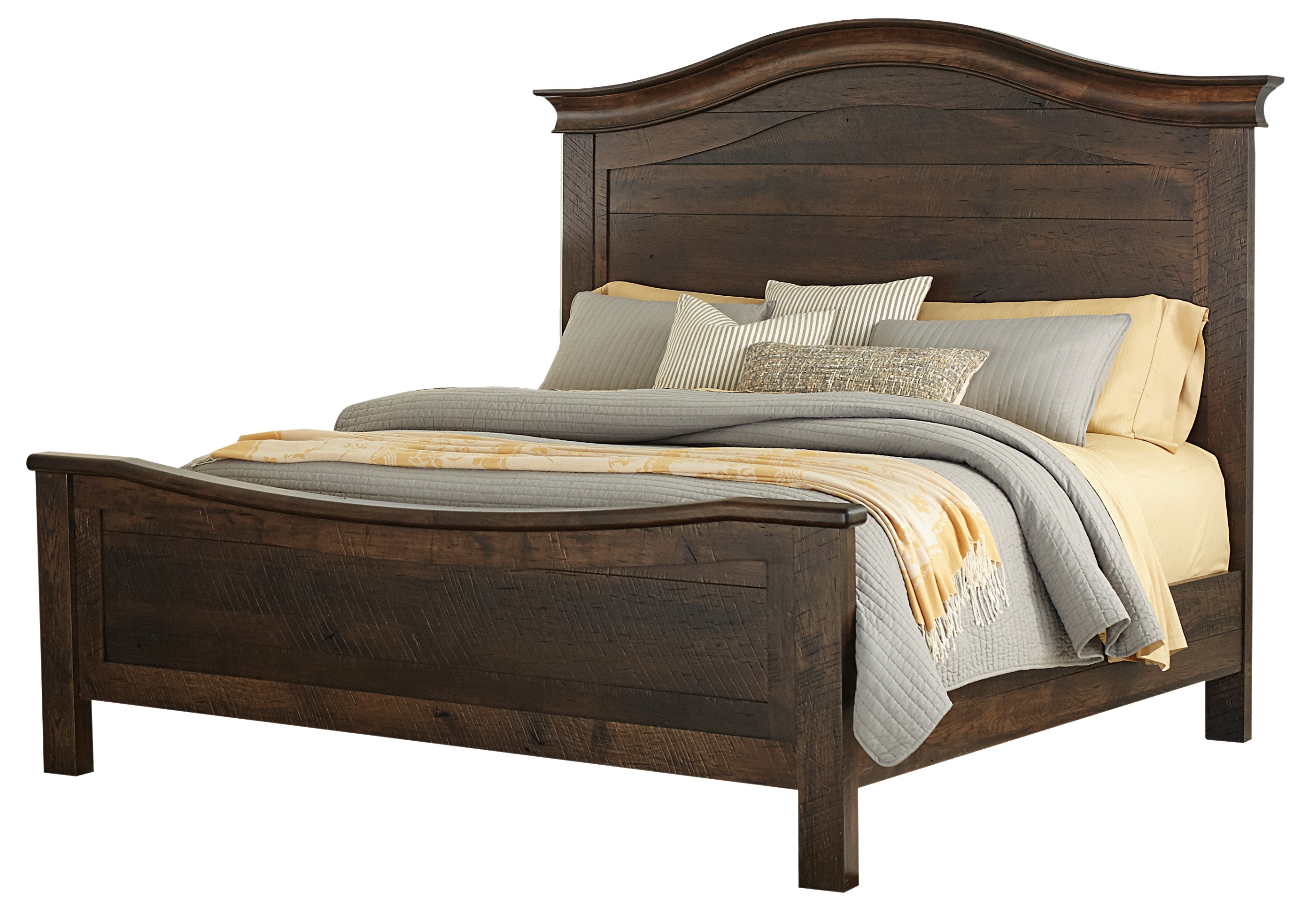 american made amish Farmhouse signature bed shown in rustic hickory wood with the earthtone stain