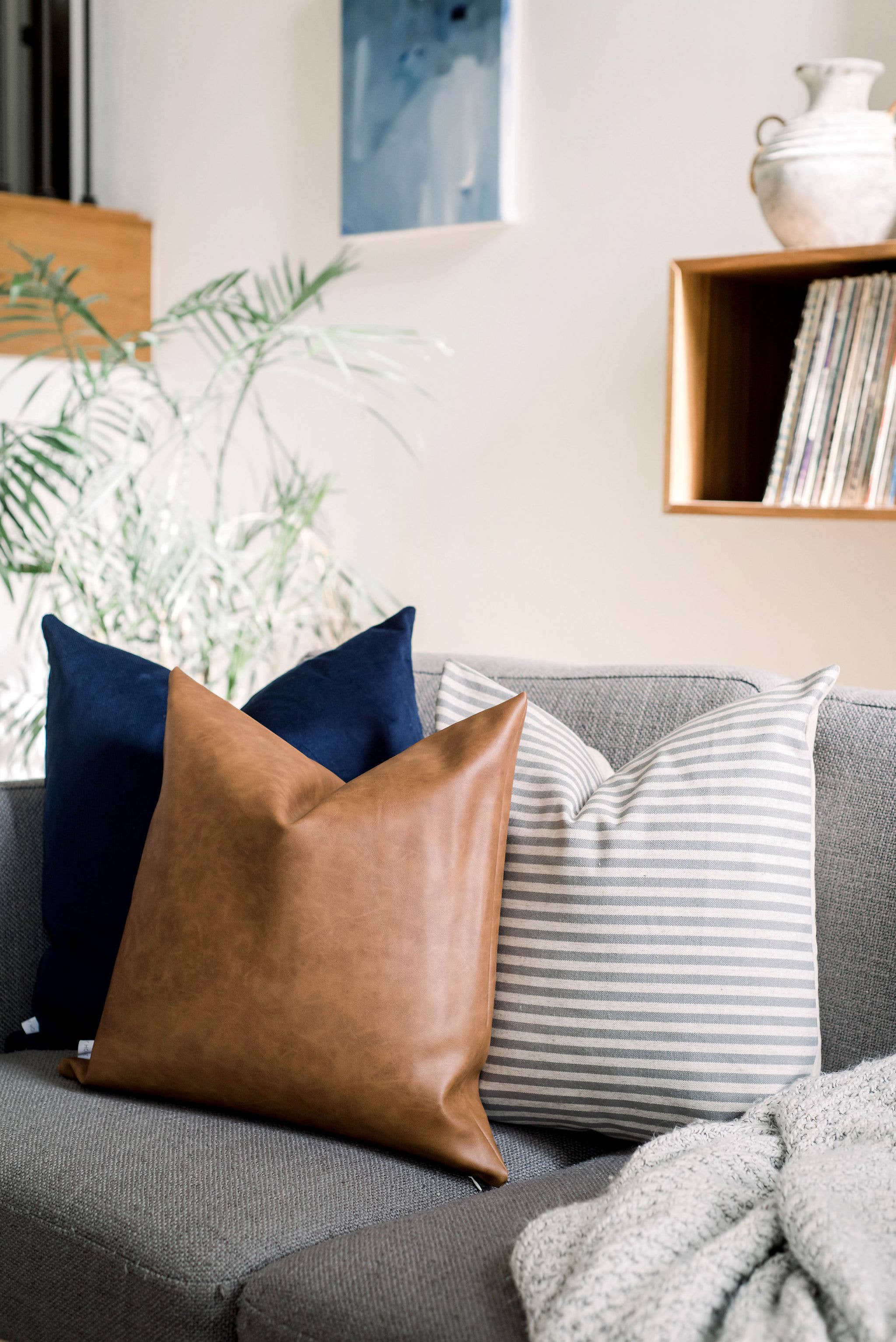 Brown Faux Leather Throw Pillow - Thumbnail 3