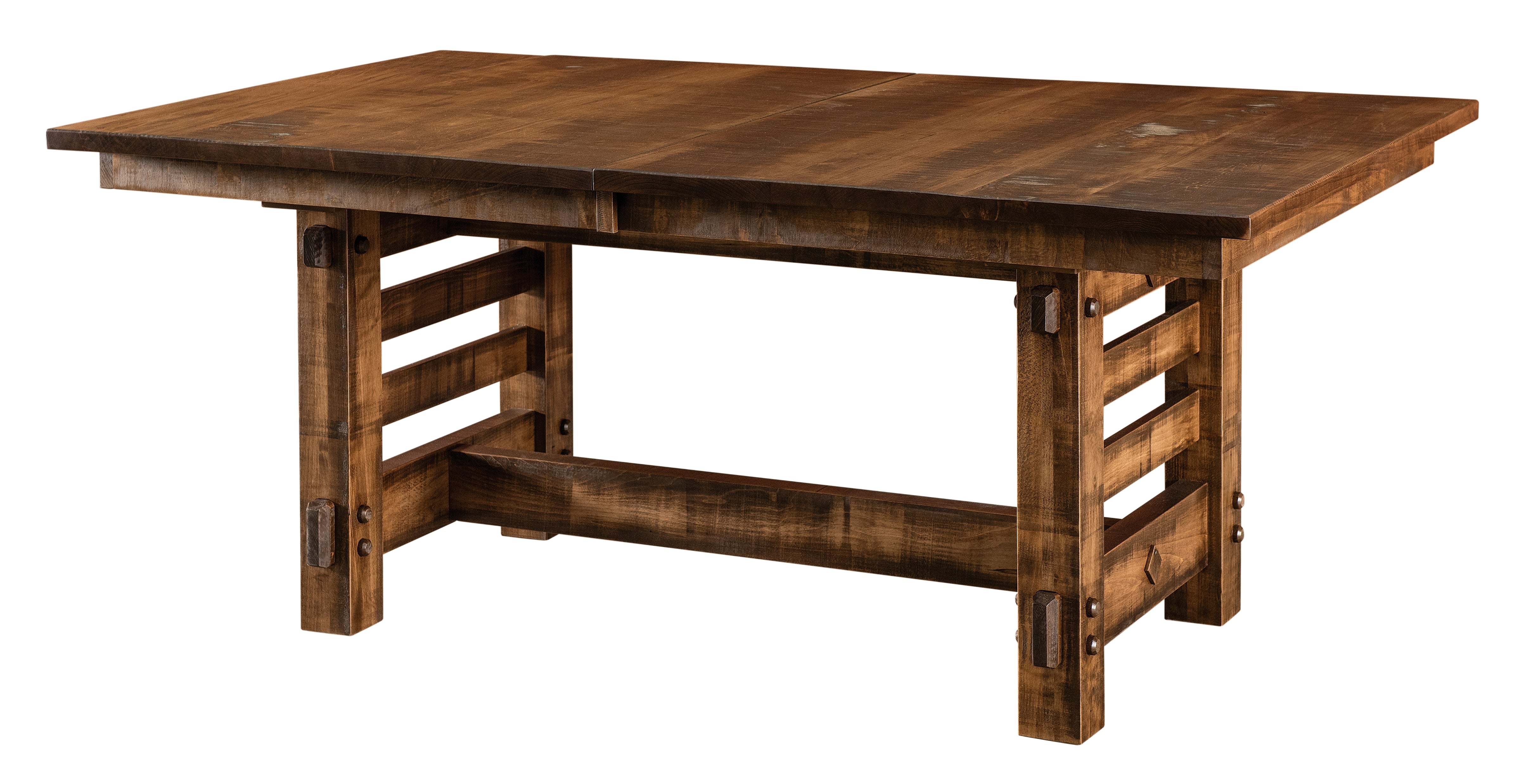 Columbus Trestle Table shown in Roughsawn Wormy Maple with the Almond Stain. The Amish House