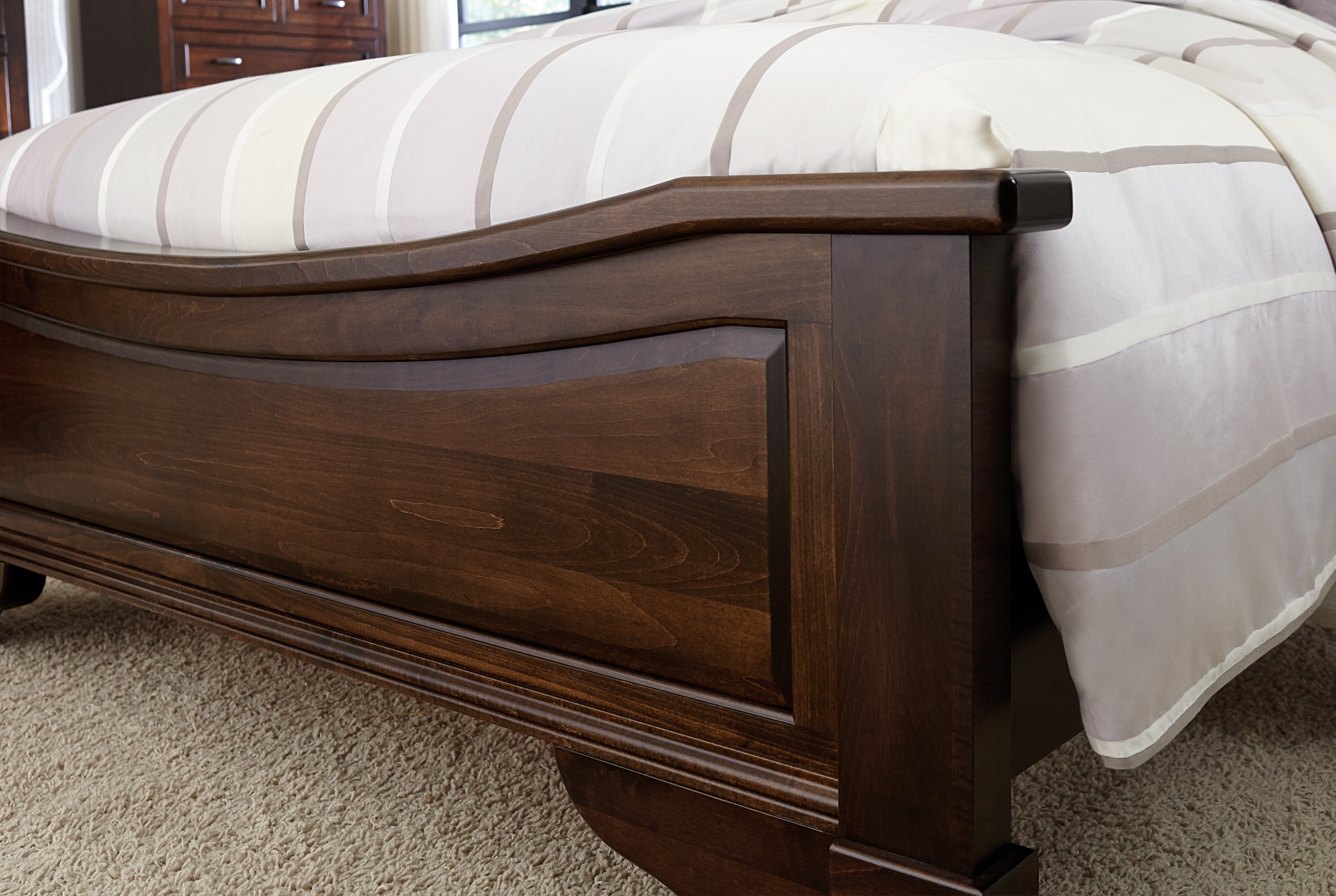 footboard of francine bed shown in brown maple with rich tobacco stain