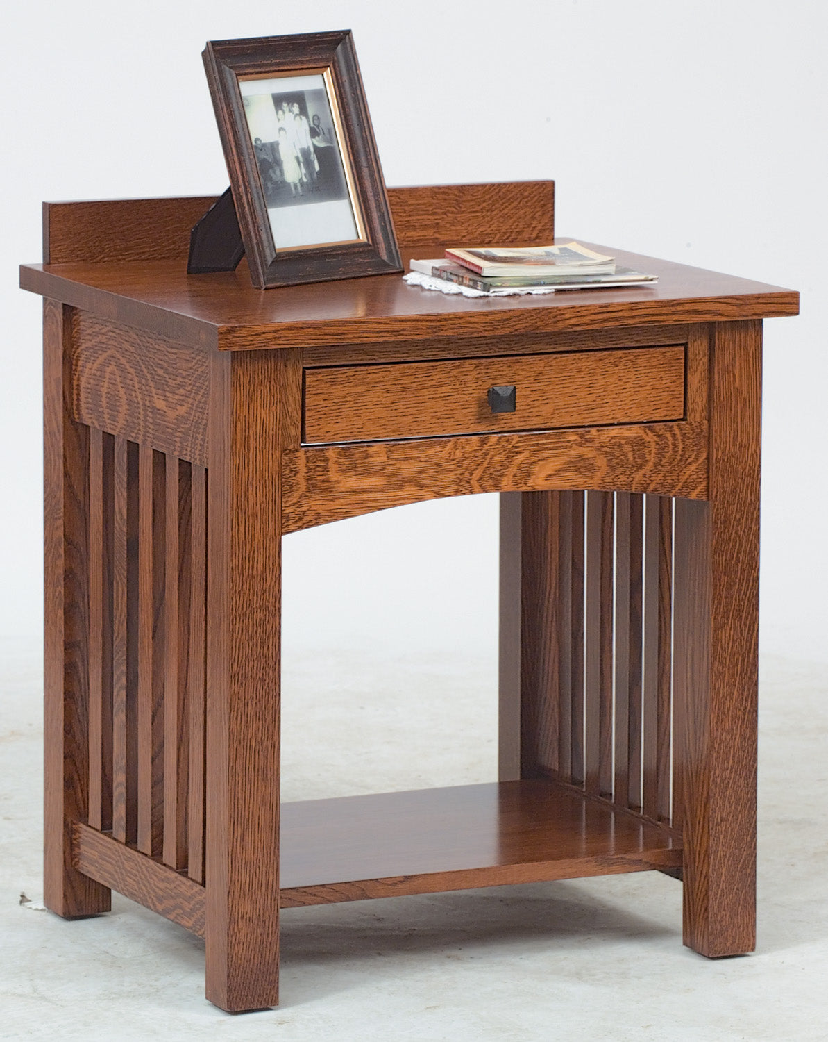 american made amish jacobson nightstand with open slat in quartersawn white oak shown in michaels cherry stain