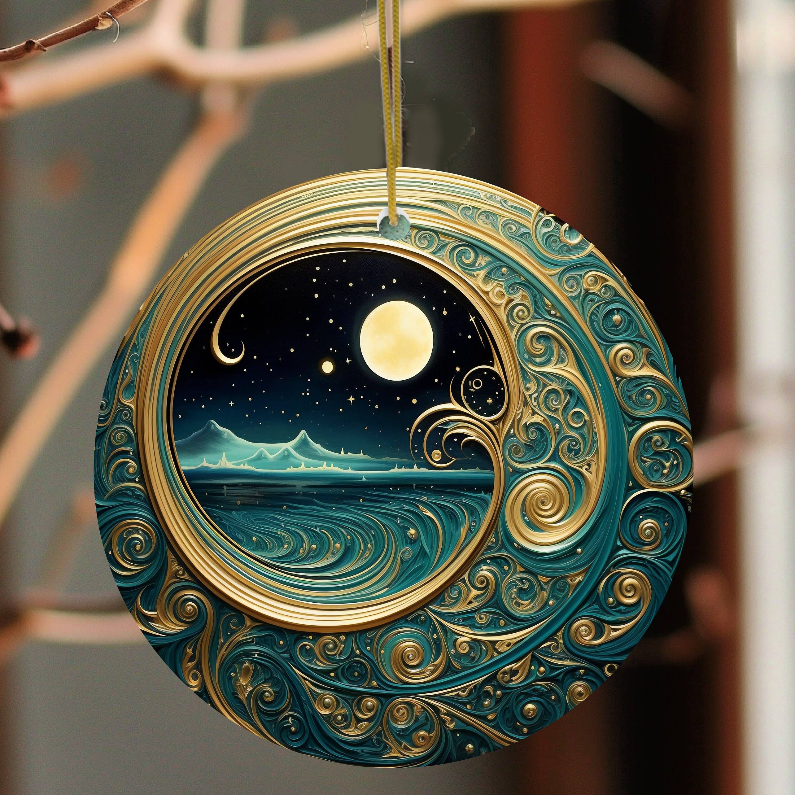 Starry Night Teal & Gold Celestial Ornament