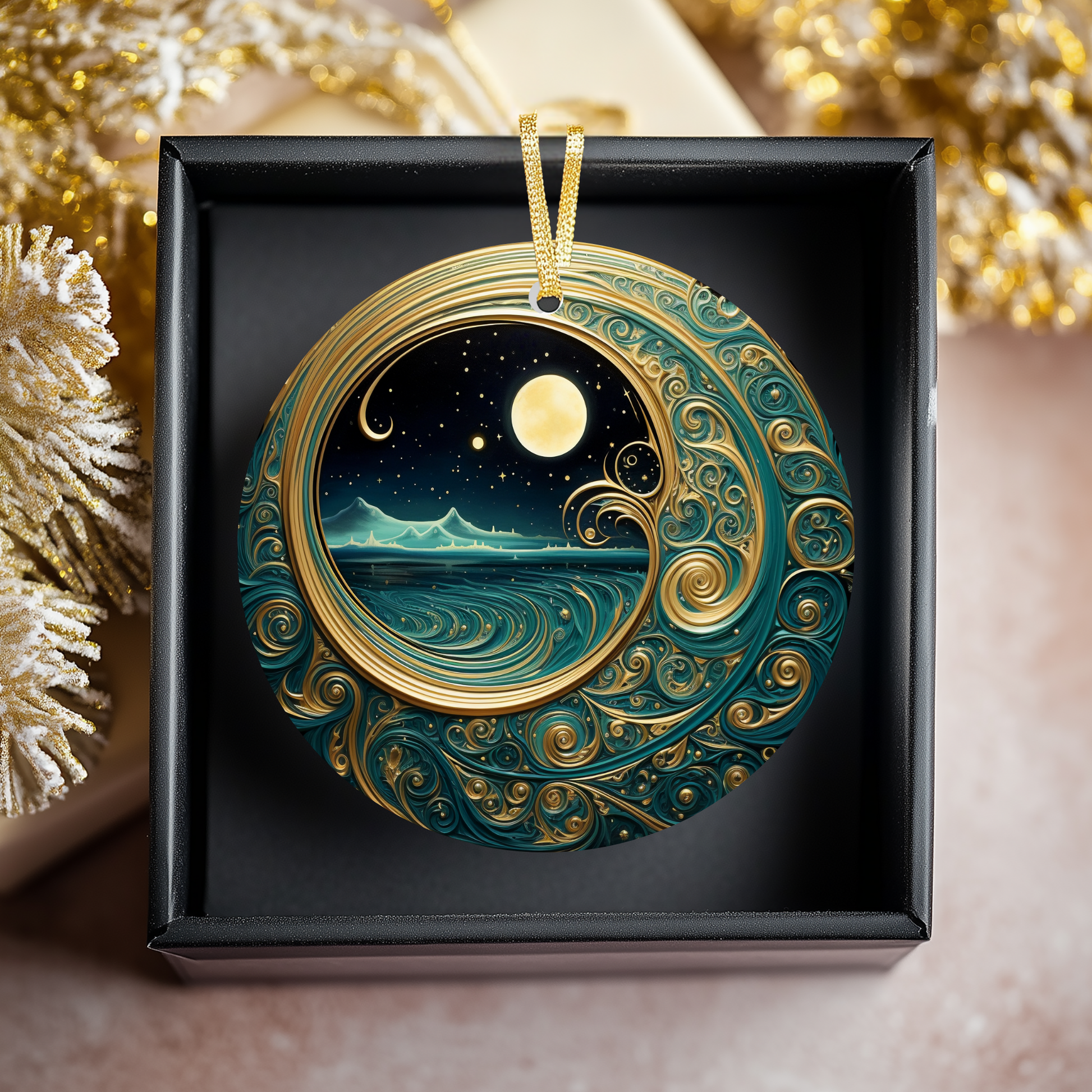 Starry Night Teal & Gold Celestial Ornament