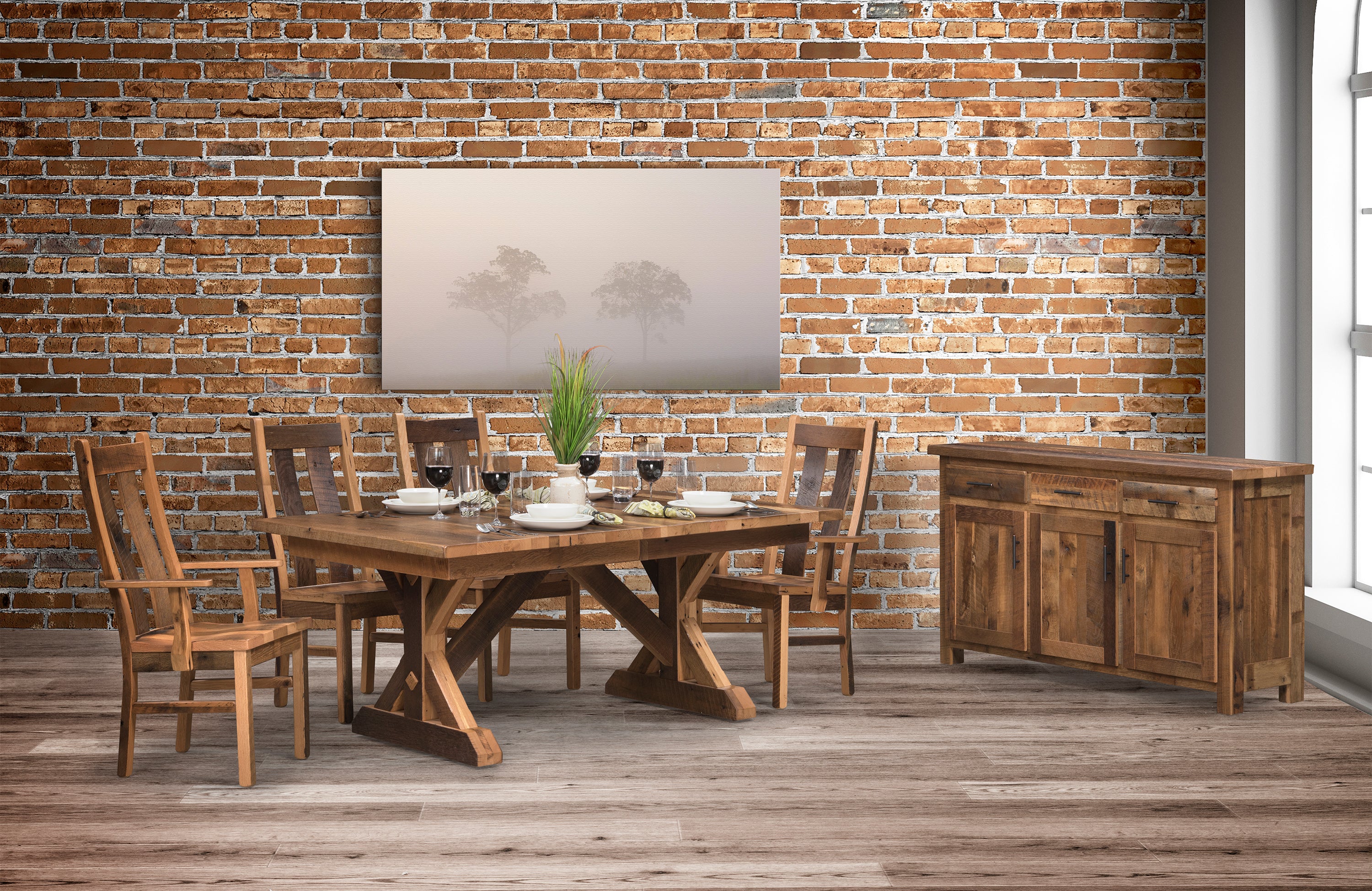 stretford dining set shown in reclaimed barnwood with the clear stain