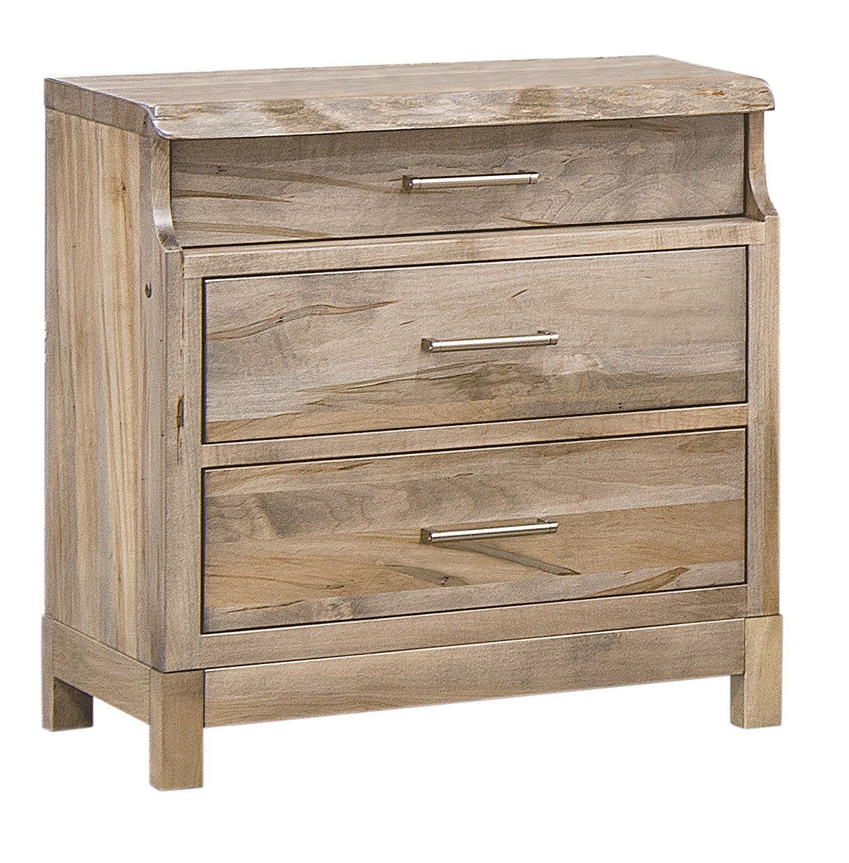 american made amish westmere three drawer nightstand shown in wormy maple in bel air stain and a low sheen