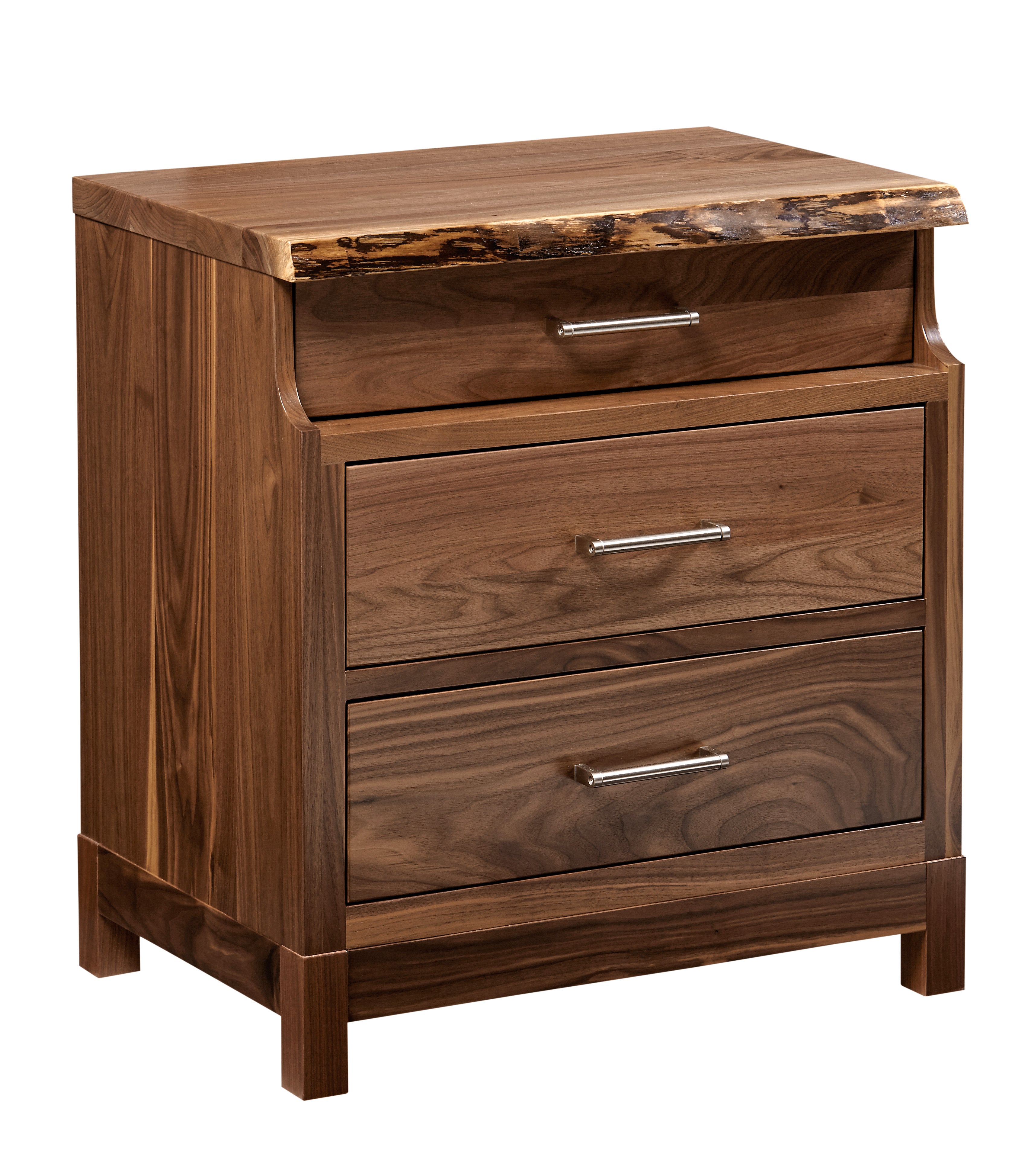 american made amish westmere three drawer nightstand shown in walnut with a natural finish