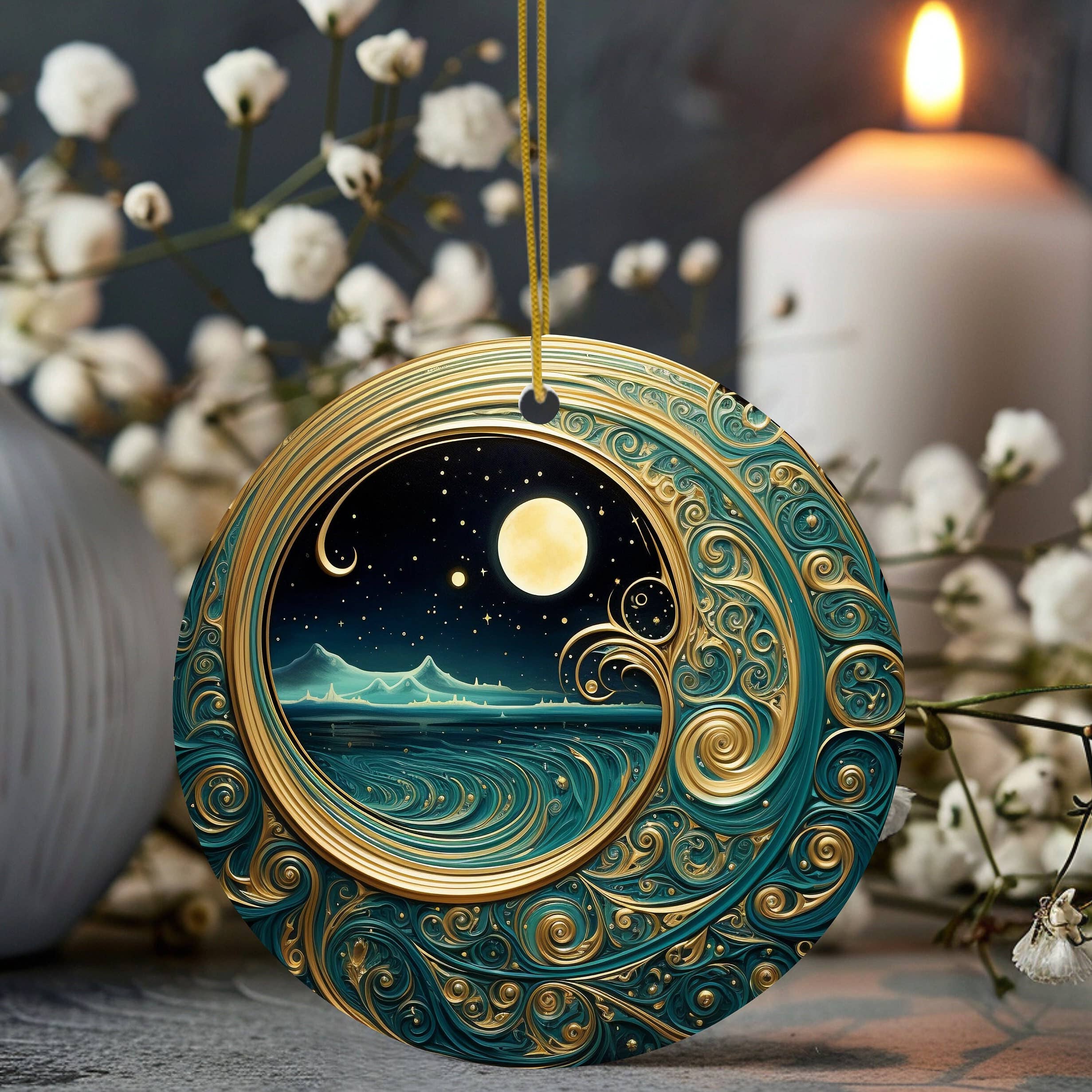 Starry Night Teal & Gold Celestial Ornament