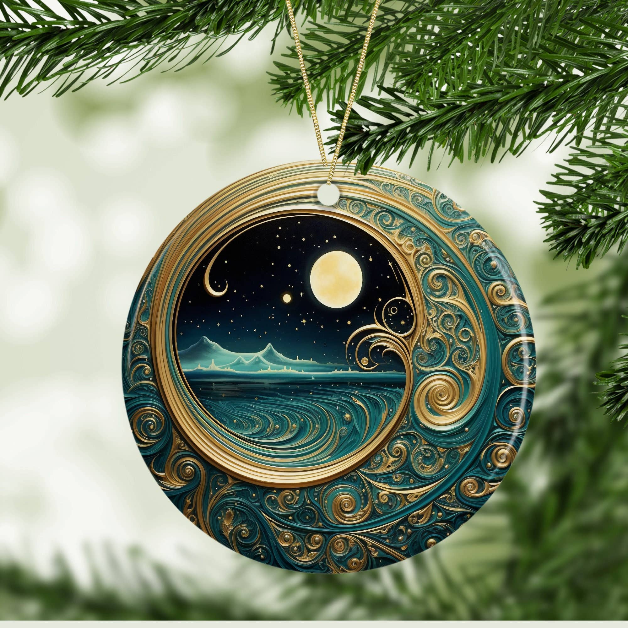 Starry Night Teal & Gold Celestial Ornament