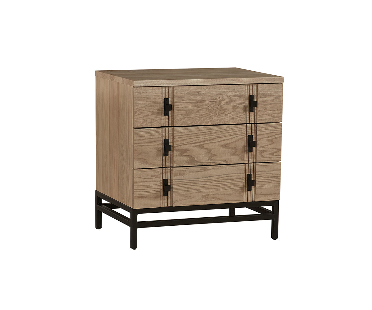 american made amish three drawer nightstand shown in oak and allure stain black metal base