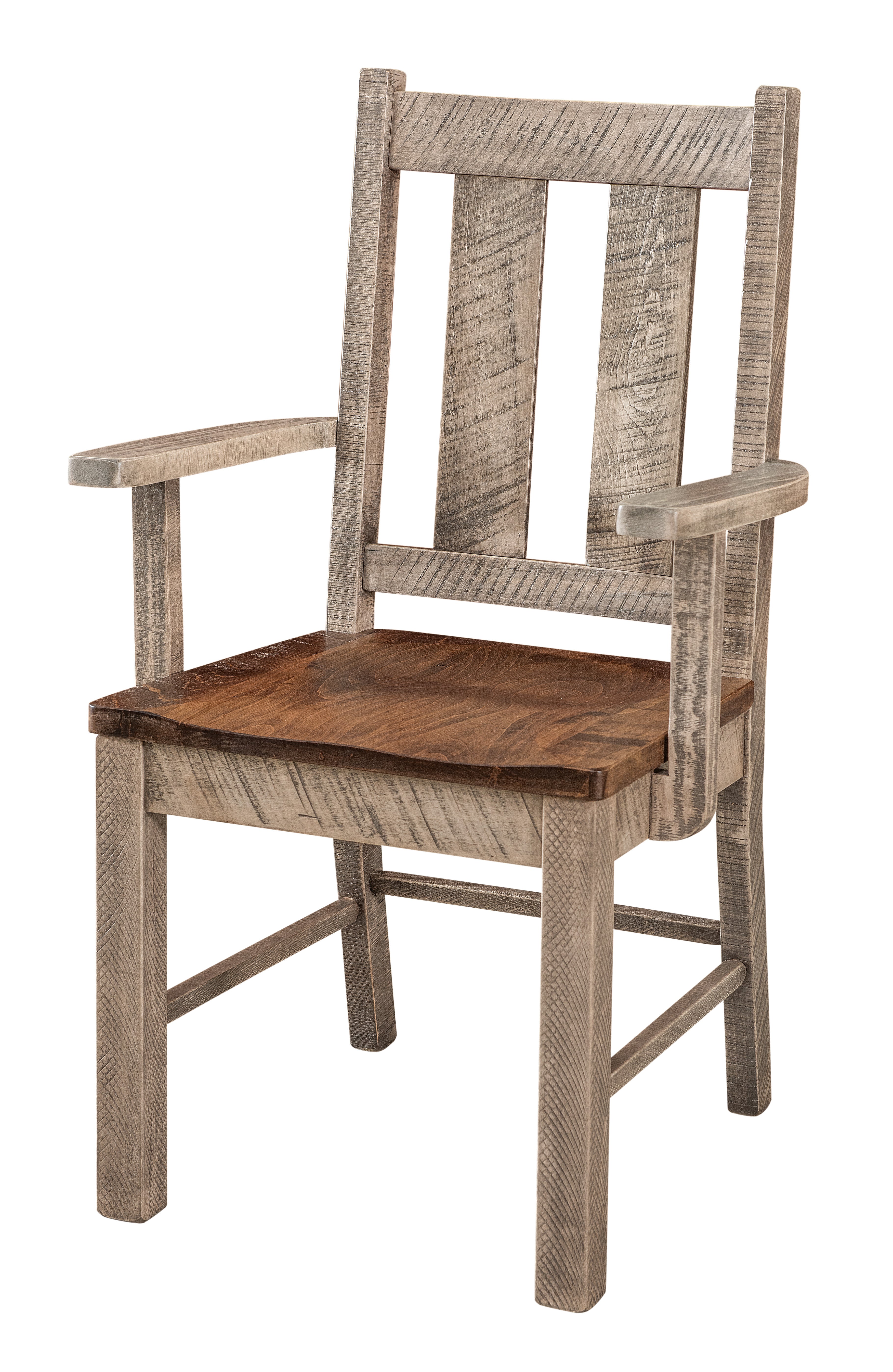 alamo arm chair shown in rough sawn brown maple with mineral frame and almond seat