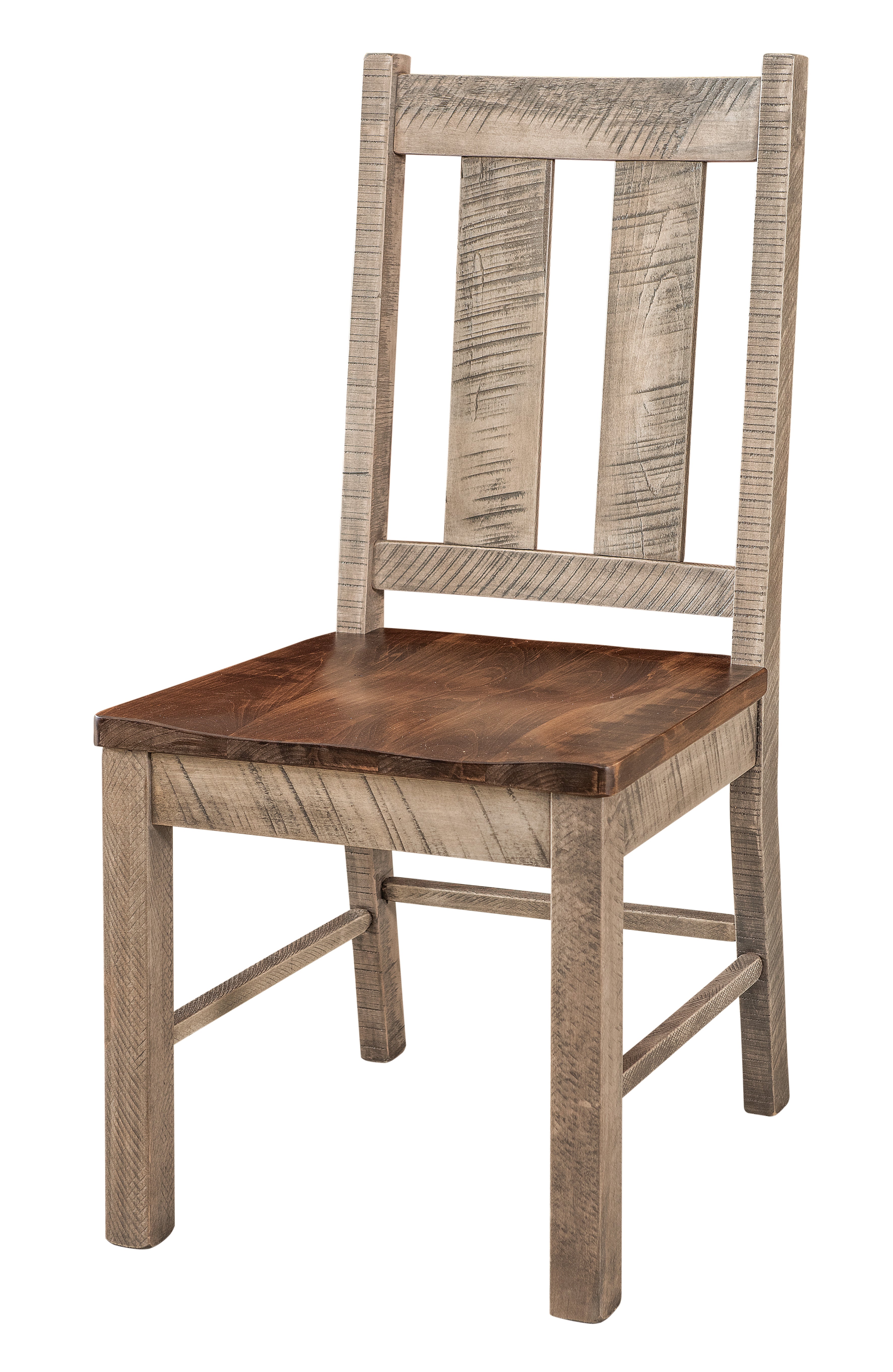 american made amish alamo side chair shown in rough sawn brown maple with mineral frame and almond seat