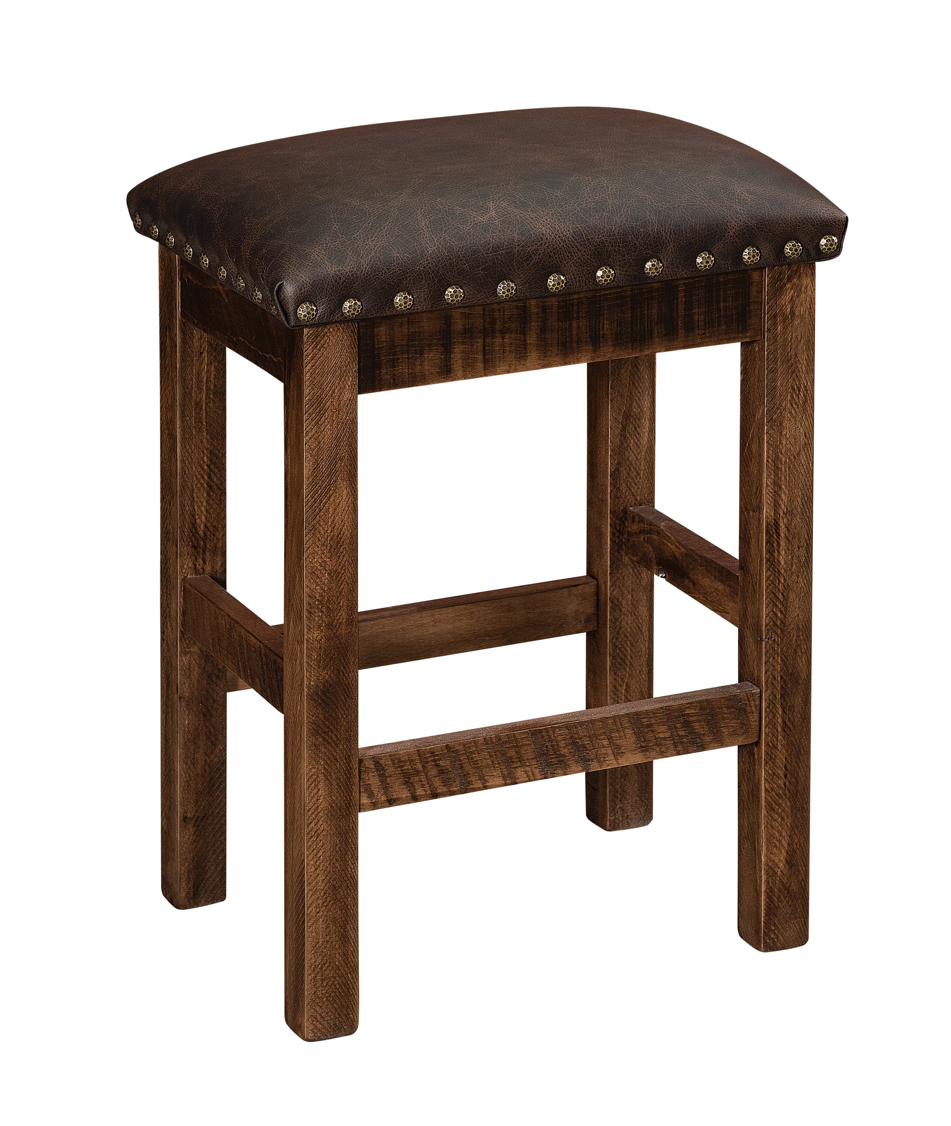 alto backless barstool in roughsawn brown maple with almond stain and texas leather seat