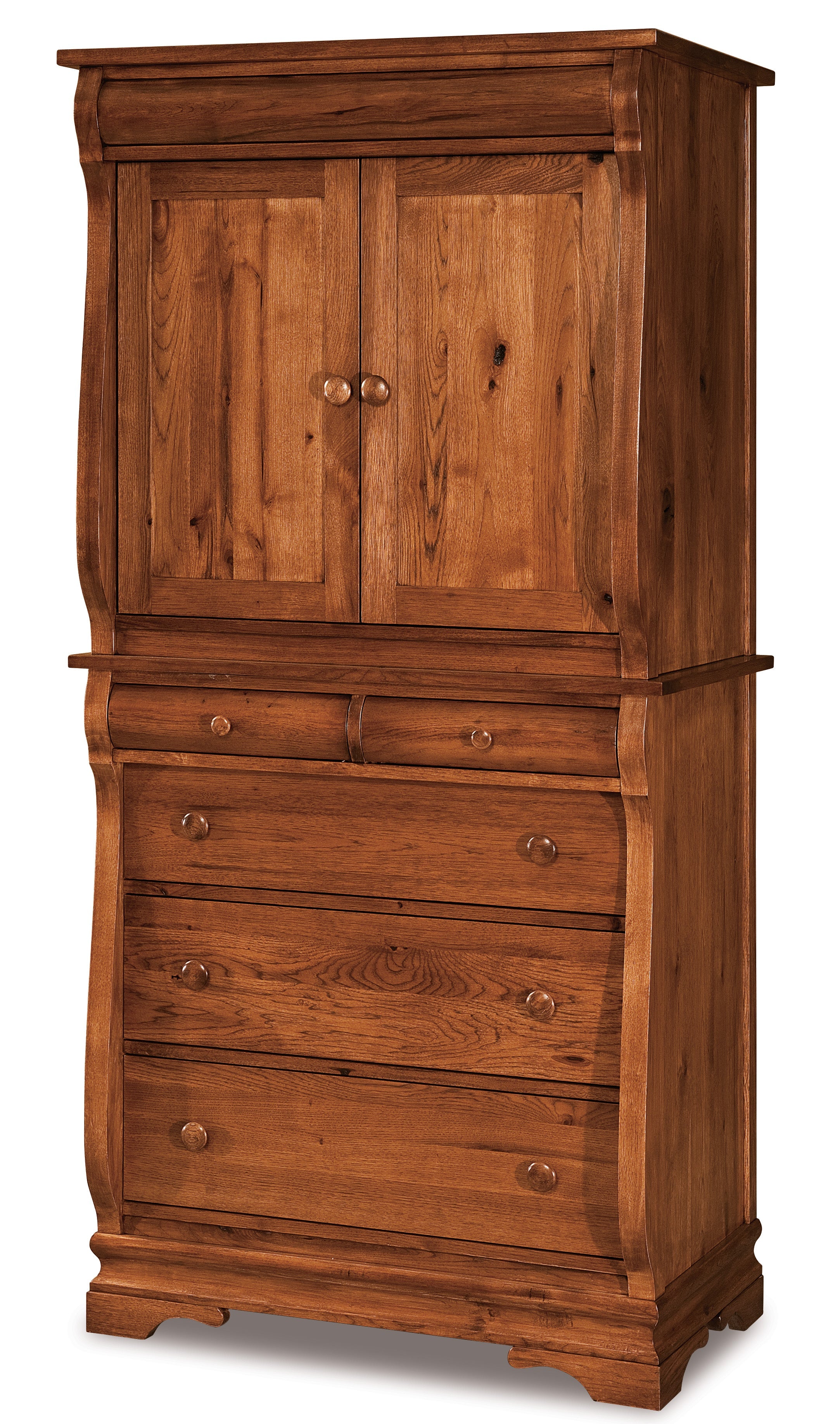 Amish Chippewa Sleigh Five Drawer Two Door Armoire