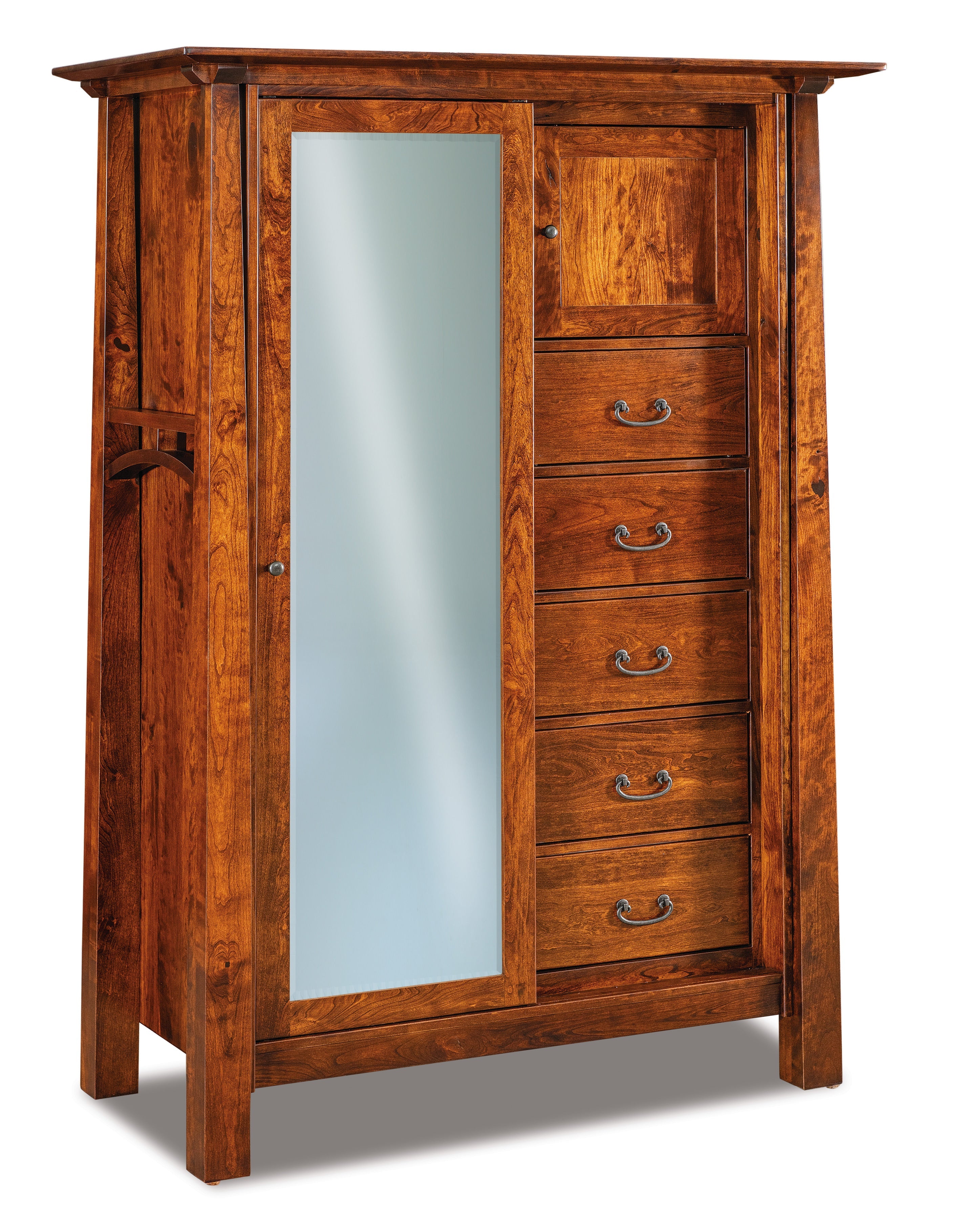 five drawer, one door chifforobe with sliding mirrored door and adjustable shelves