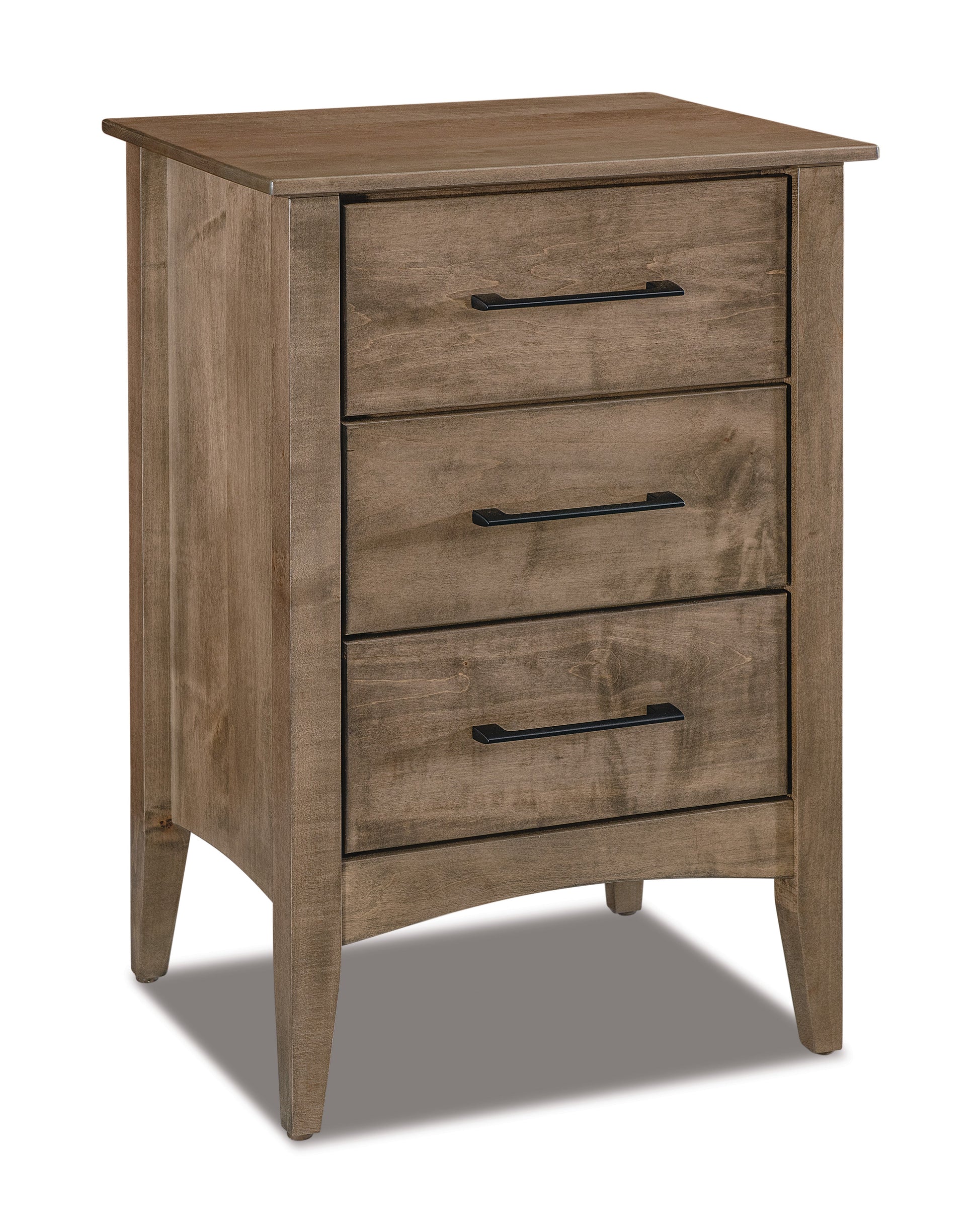 american made amish atlantic three drawer nightstand shown in brown maple with sandstone stain