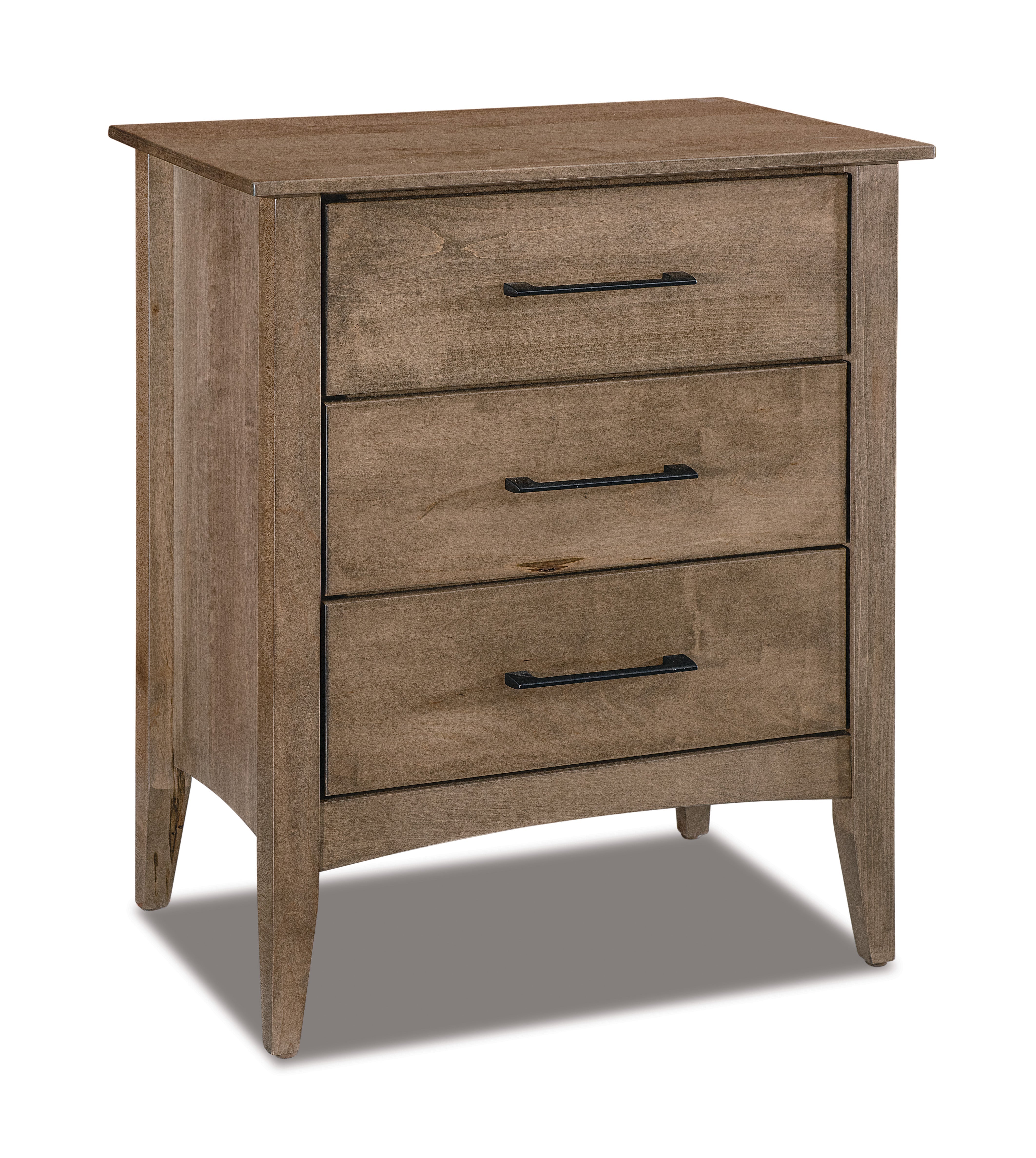 american made amish atlantic three drawer nightstand shown in brown maple with sandstone stain