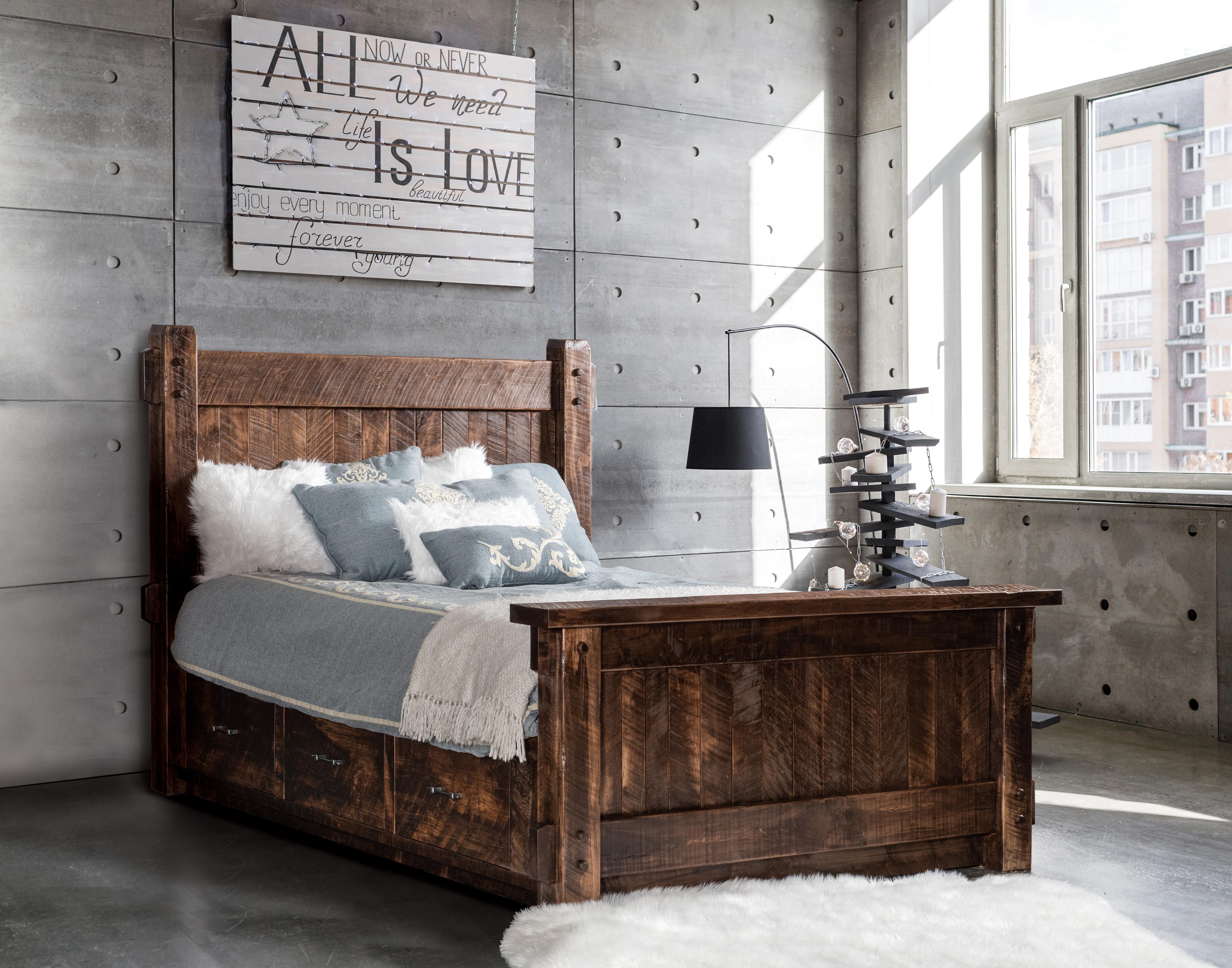 amish six drawer platform bed with tall headboard in rustic roughsawn brown maple with almond stain