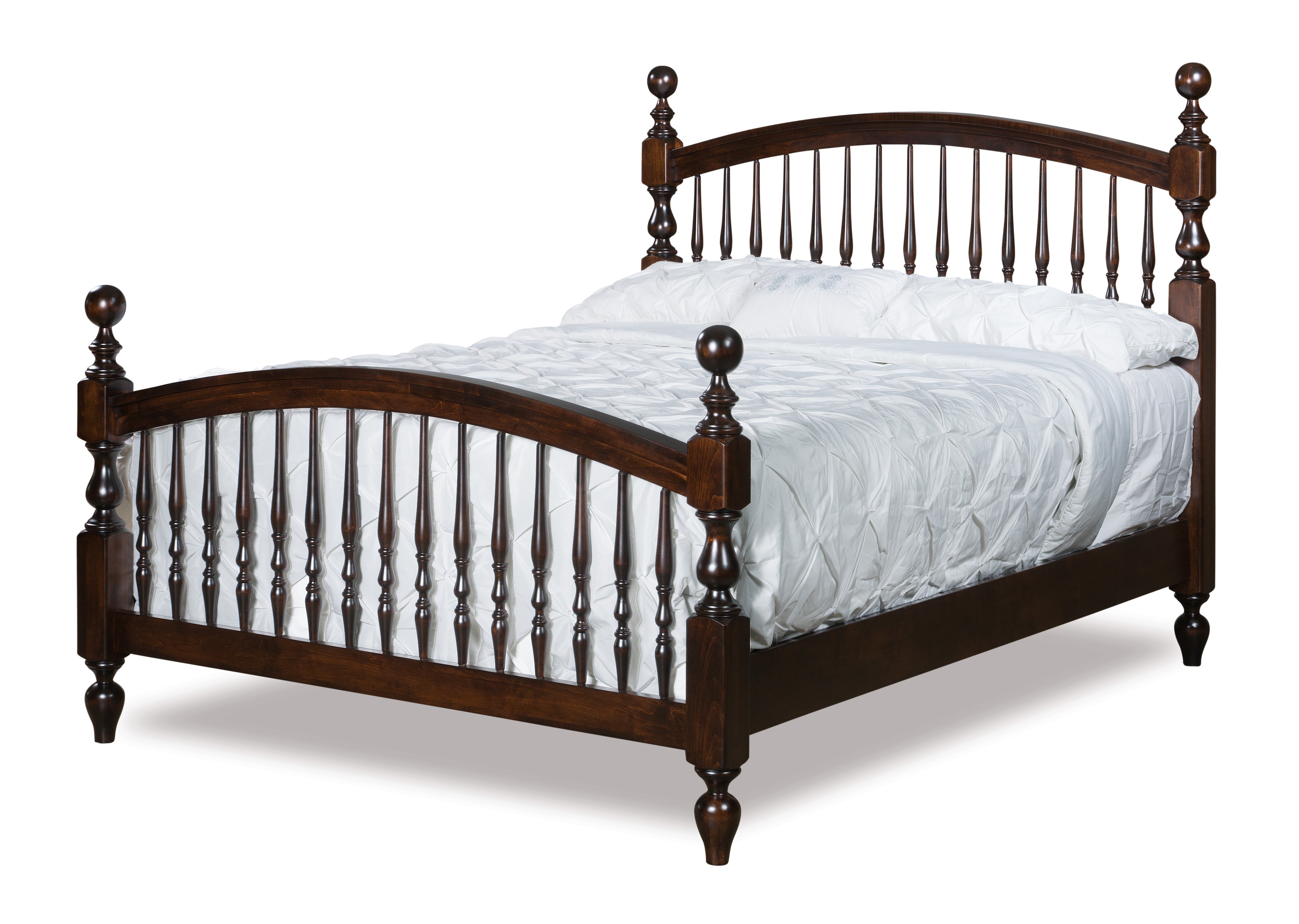 amish bow spindle bed in brown maple with rich tobacco stain