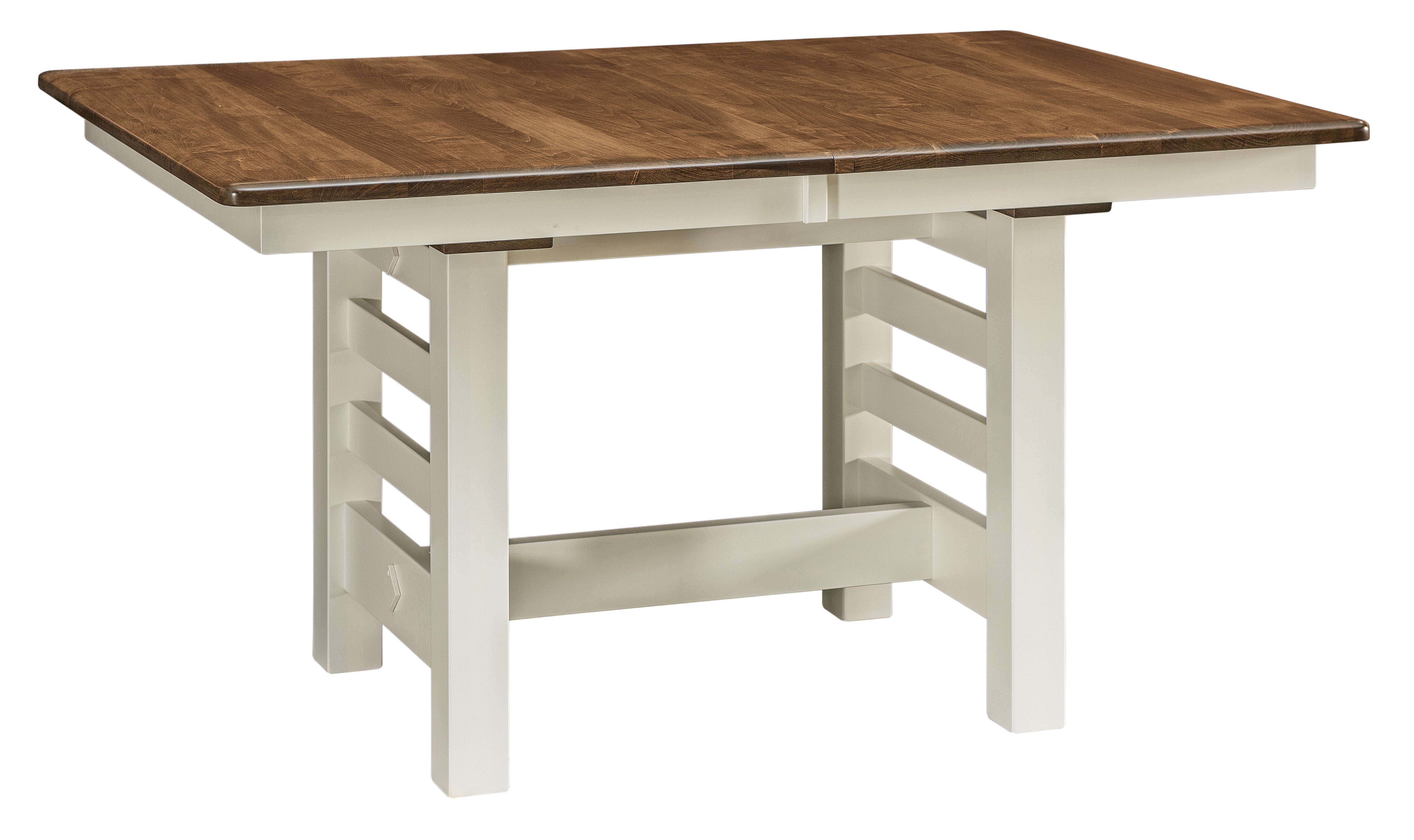 braden trestle table shown in brown maple with almond stain top and muted white 10 sheen base