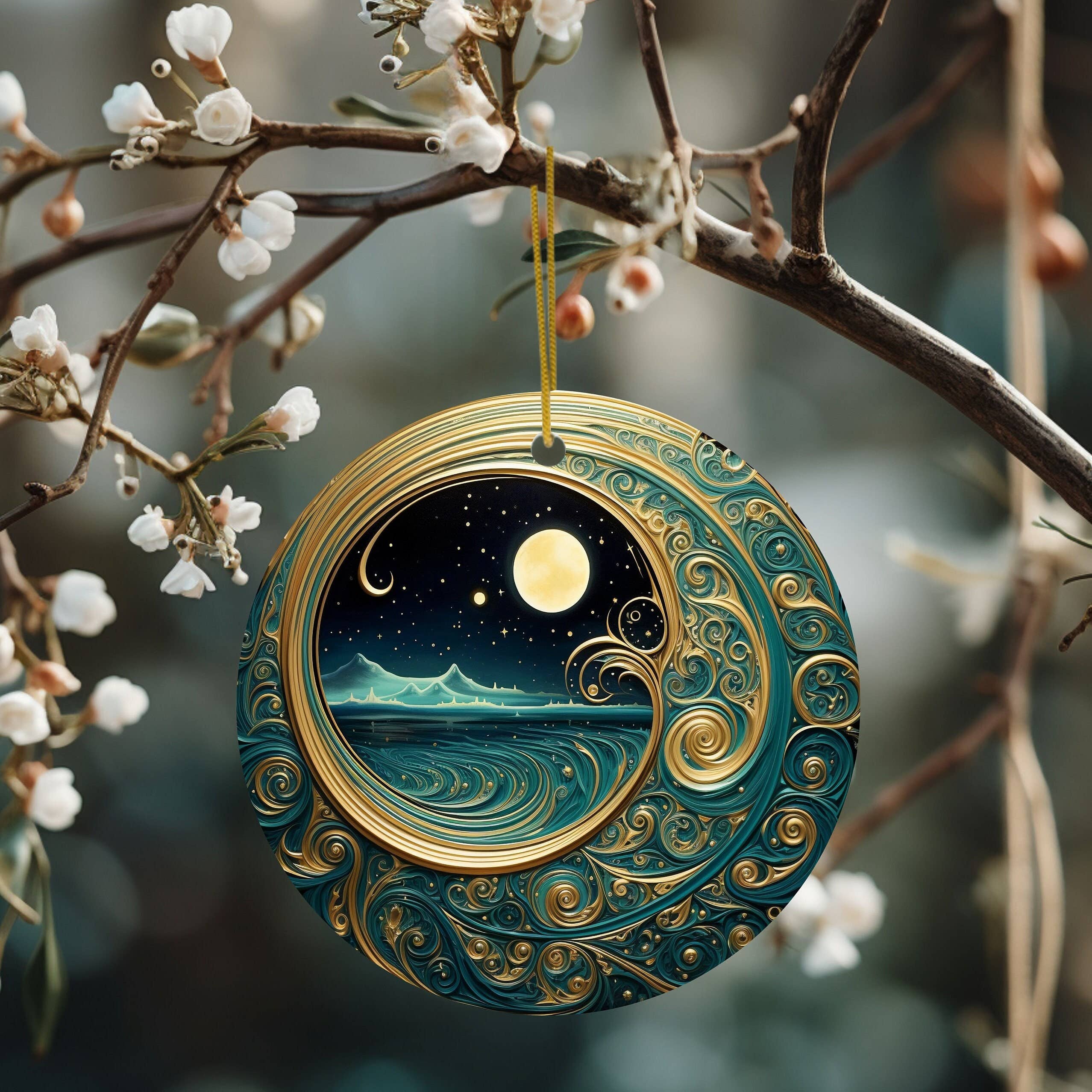 Starry Night Teal & Gold Celestial Ornament