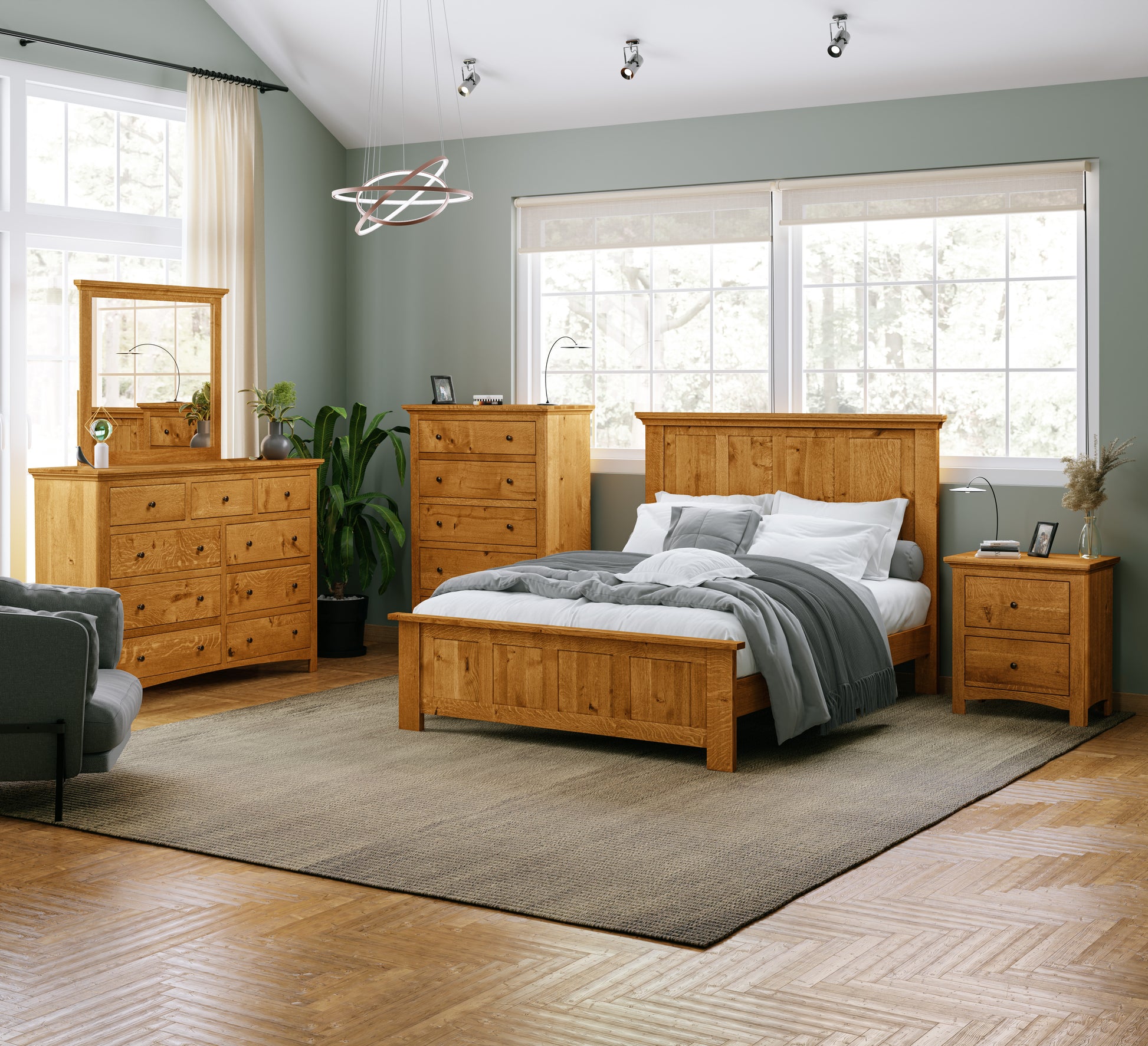 camden room setting in rustic quartersawn wood with medium walnut stain