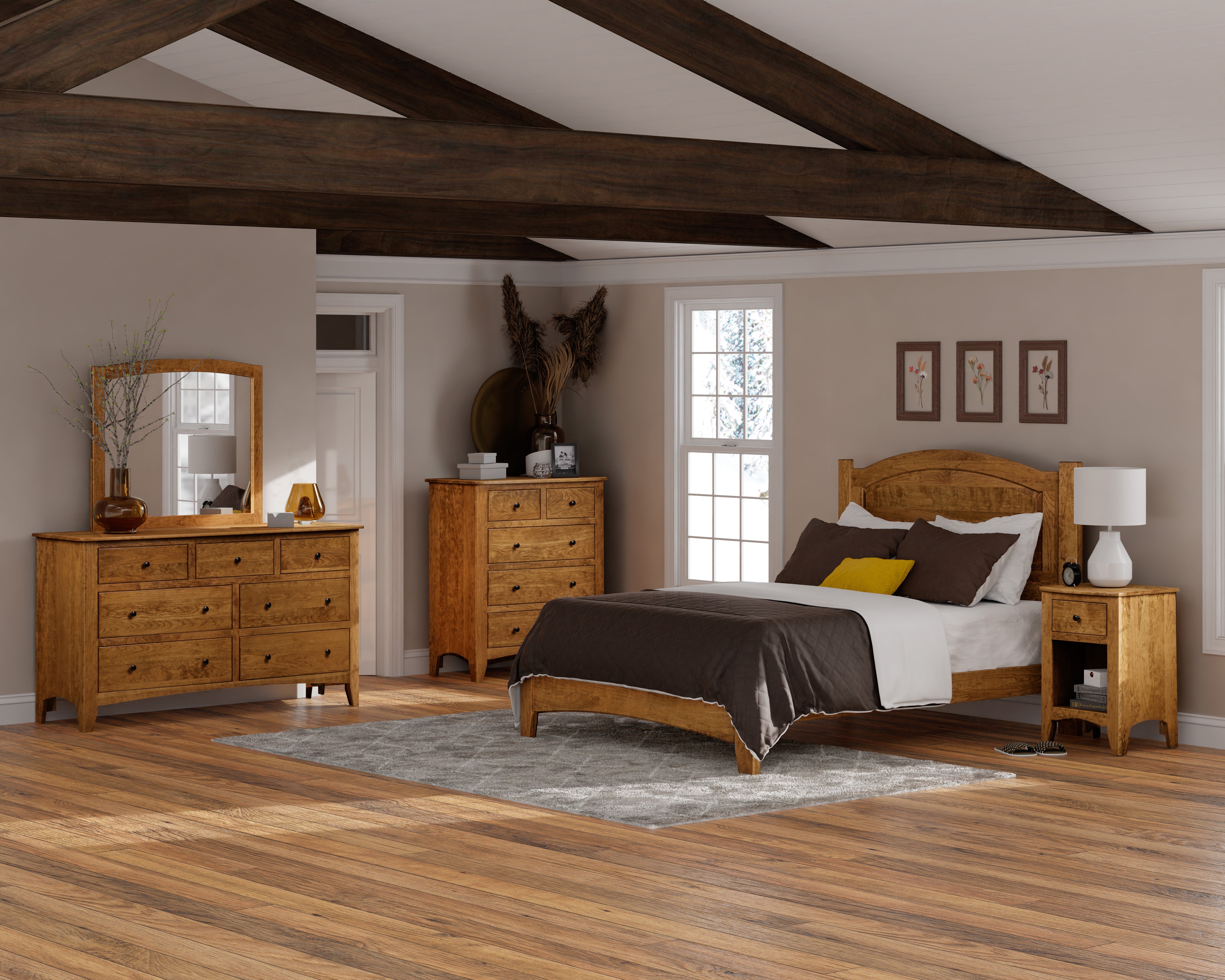 celina room setting in sap cherry wood with medium walnut stain