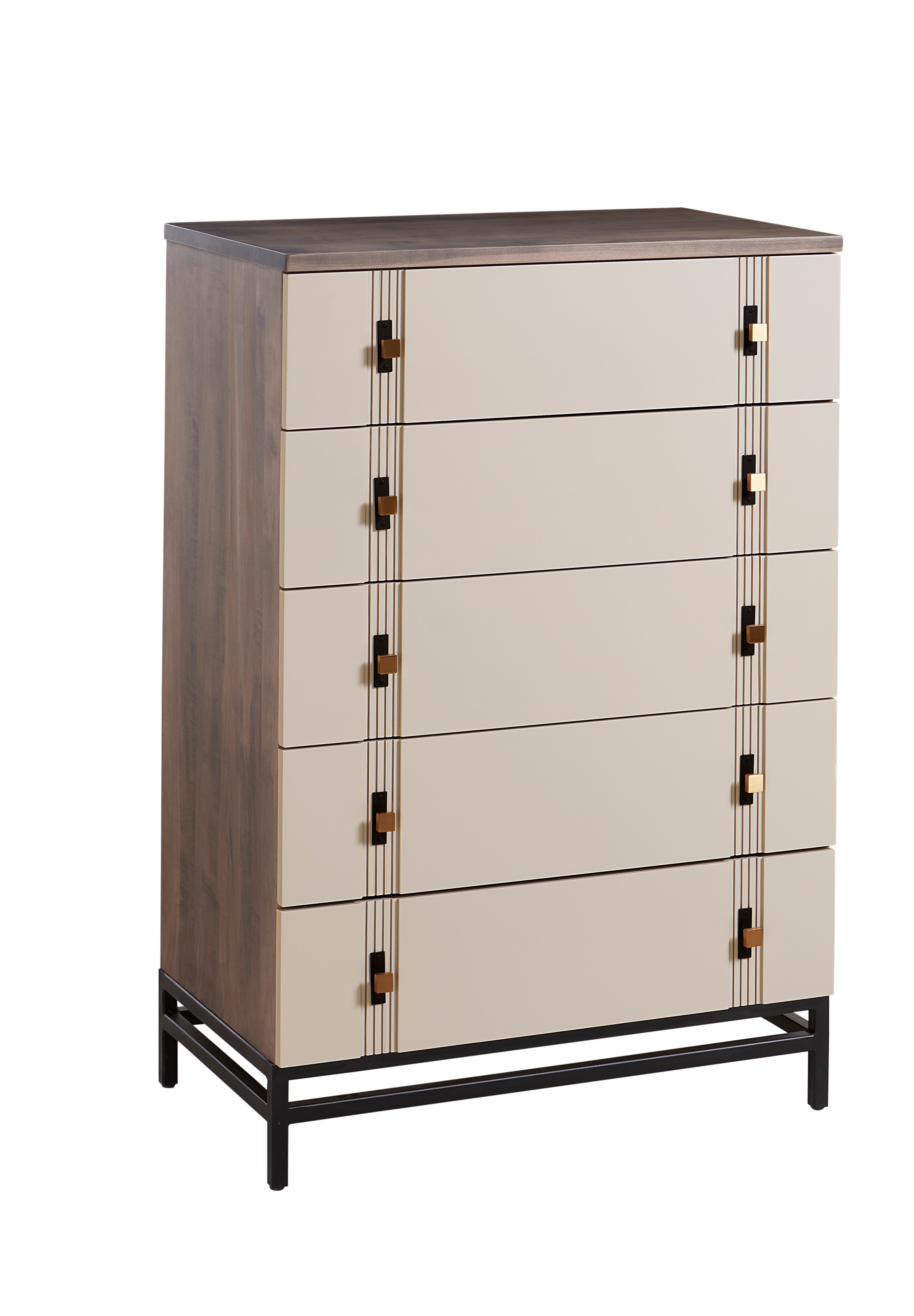 american made amish abshire five drawer chest shown in brown maple with painted drawer fronts metal base