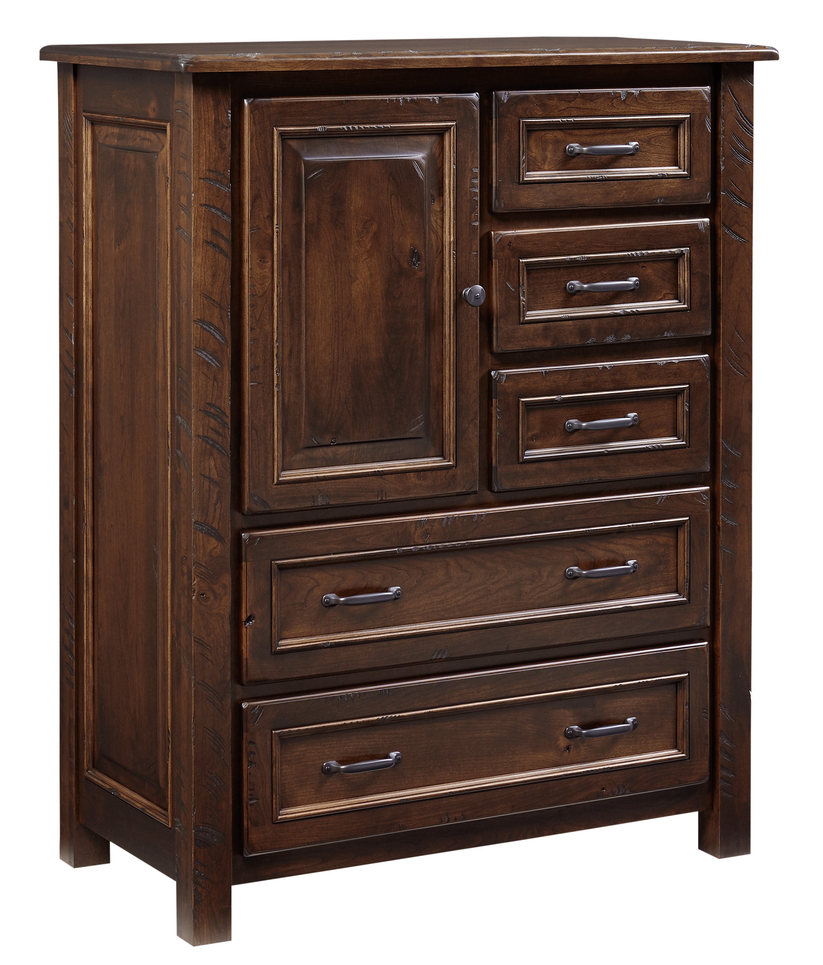 american made amish belwright five drawer one door chest shown in rustic cherry with low sheen coffee stain