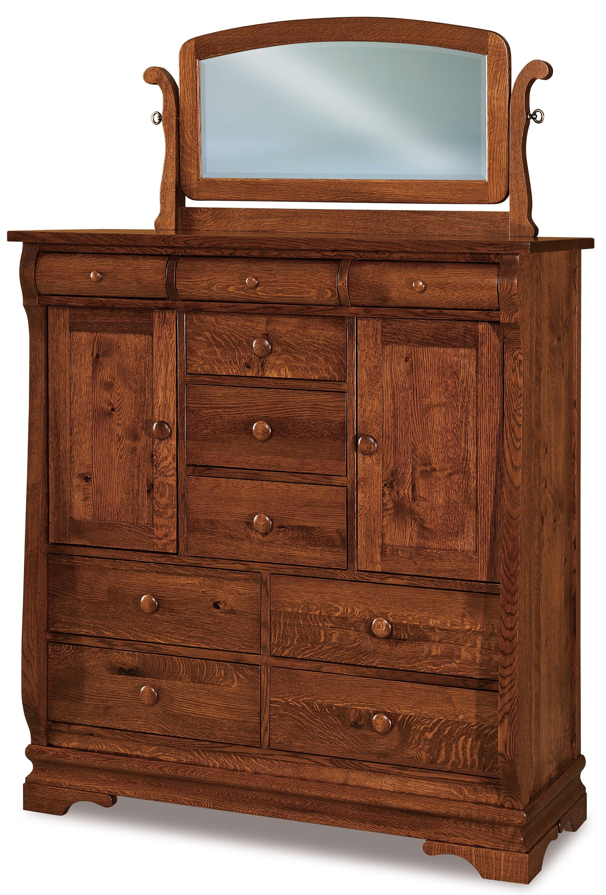 amish chippewa sleigh 10 drawer two door his and hers chest with mirror
