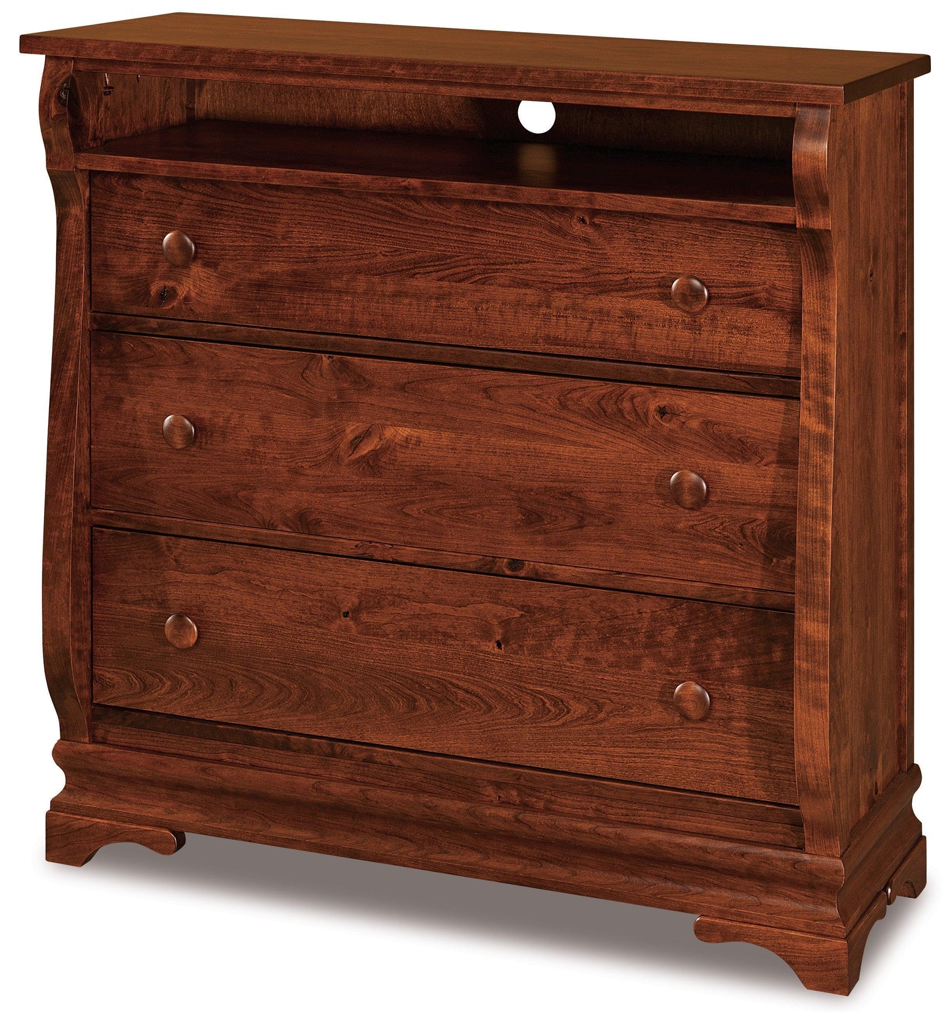 amish chippewa sleigh three drawer media chest