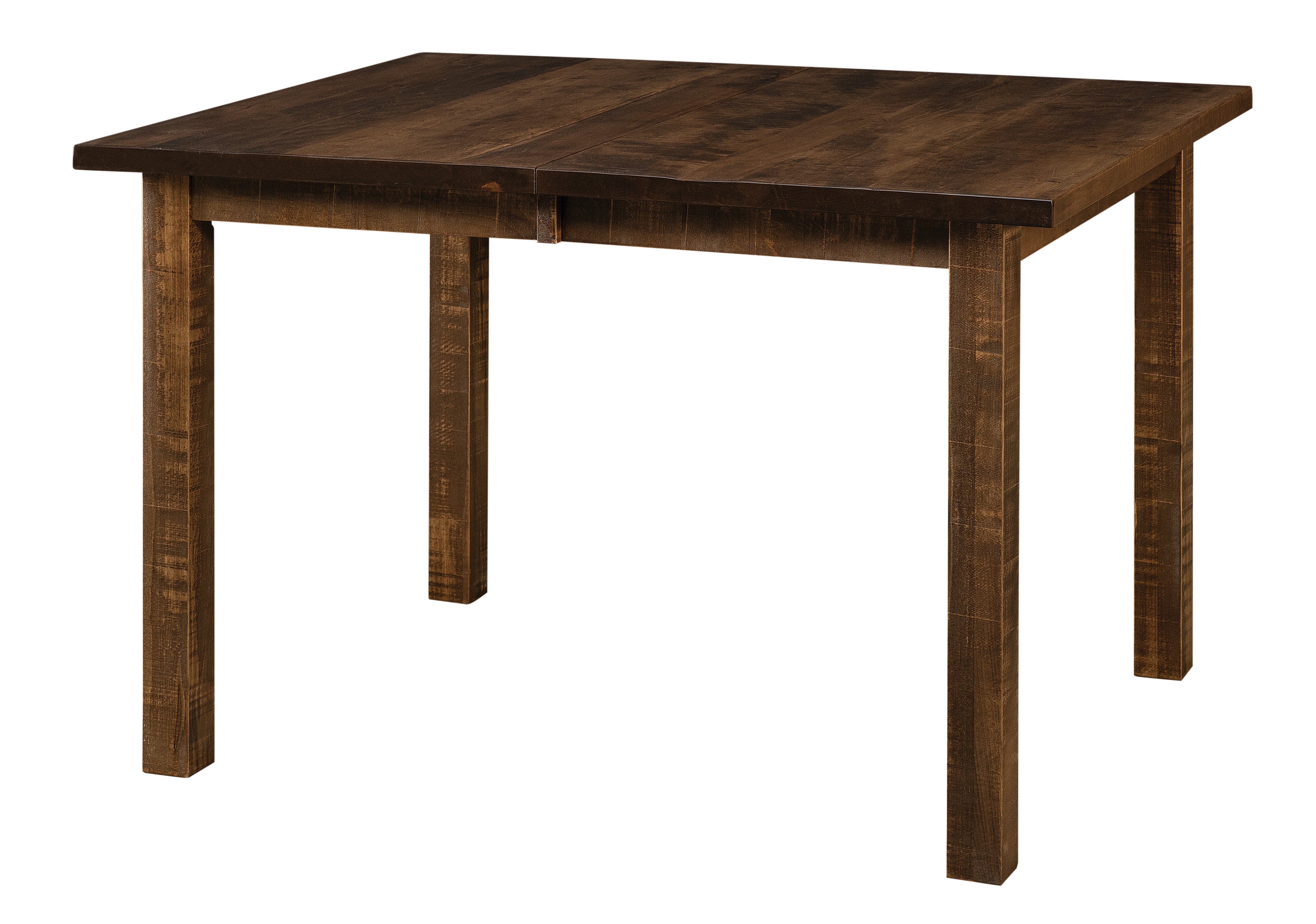 cheyenne leg table shown in rough sawn wormy maple in an almond stain with a 10 sheen finish