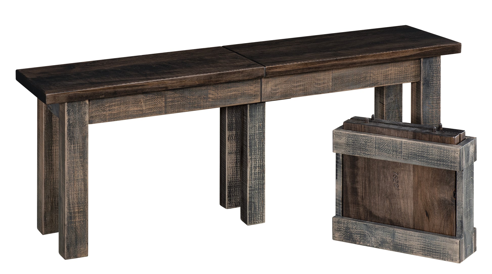 cheyenne extend a bench shown in rough sawn wormy maple with a shadow 10 sheen top and bel air 10 sheen base 