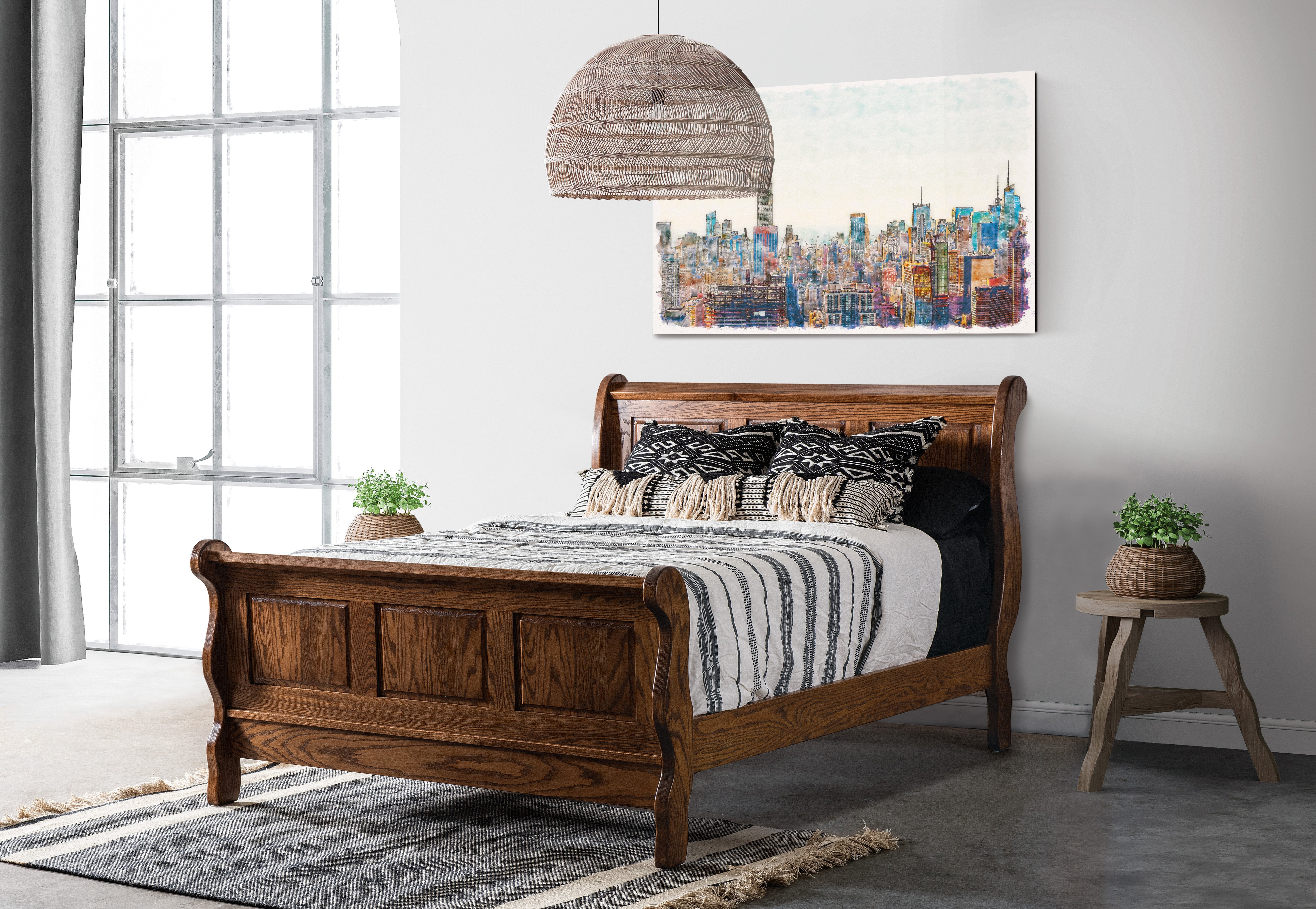 amish classic raised panel sleigh bed in oak with sealy stain