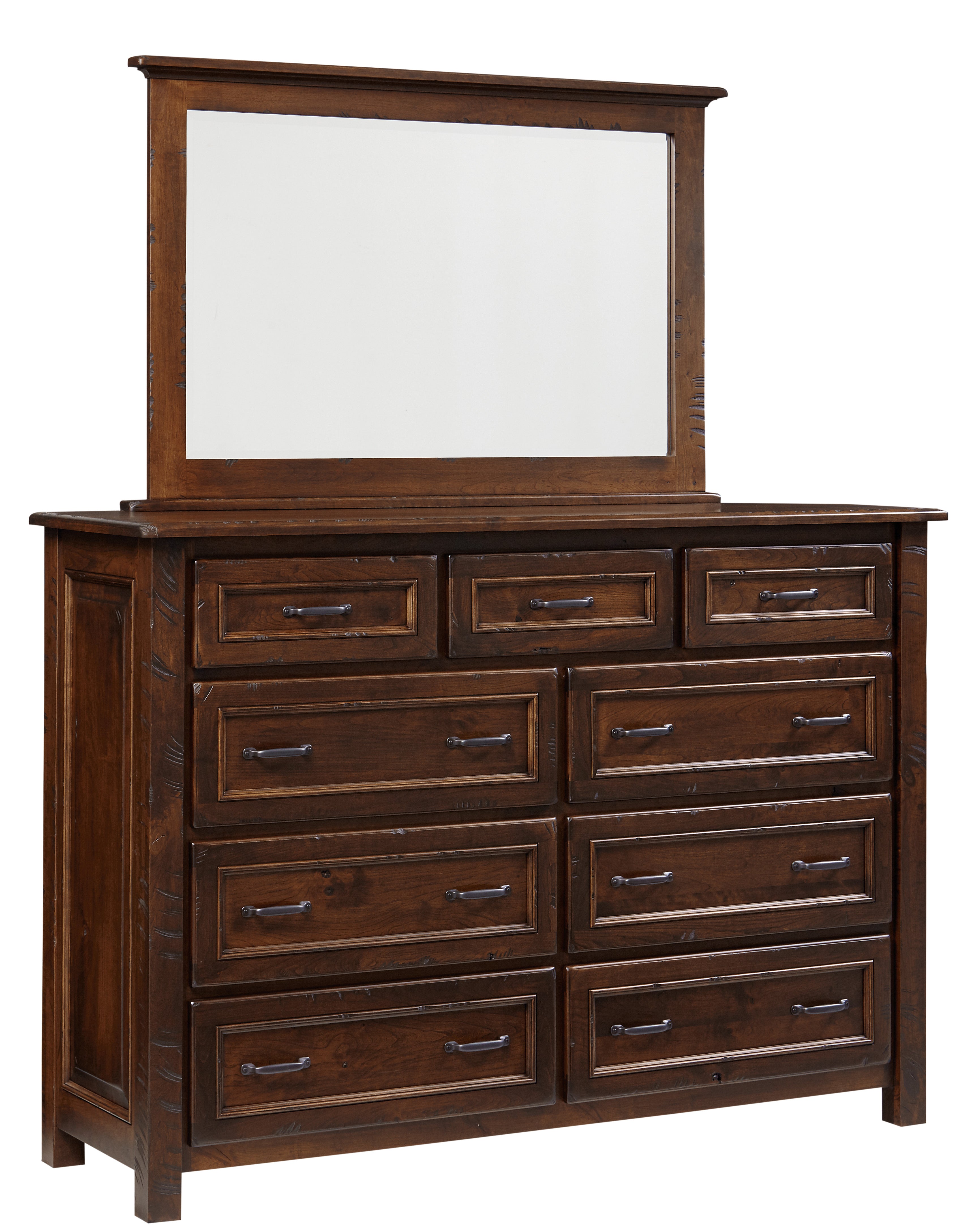 american made amish belwright nine drawer dresser shown in rustic cherry with low sheen coffee stain