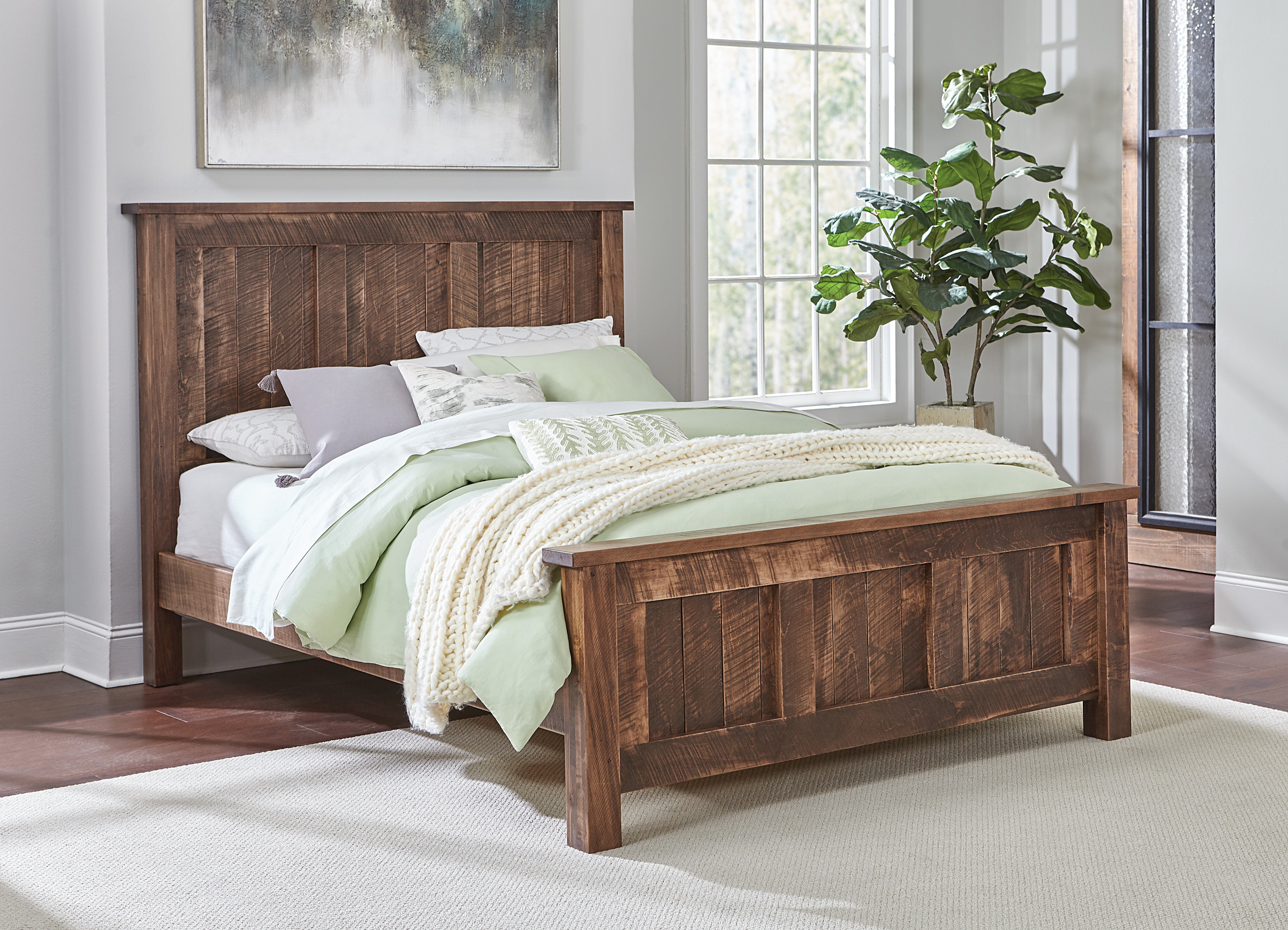 dumont queen bed in rough sawn brown maple with almond stain